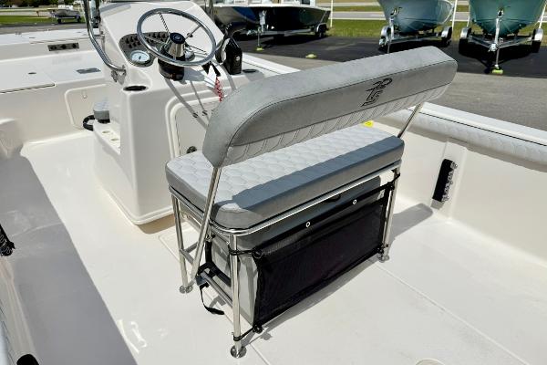 2025 Carolina Skiff 21 LS boat interior with seating and steering console.
