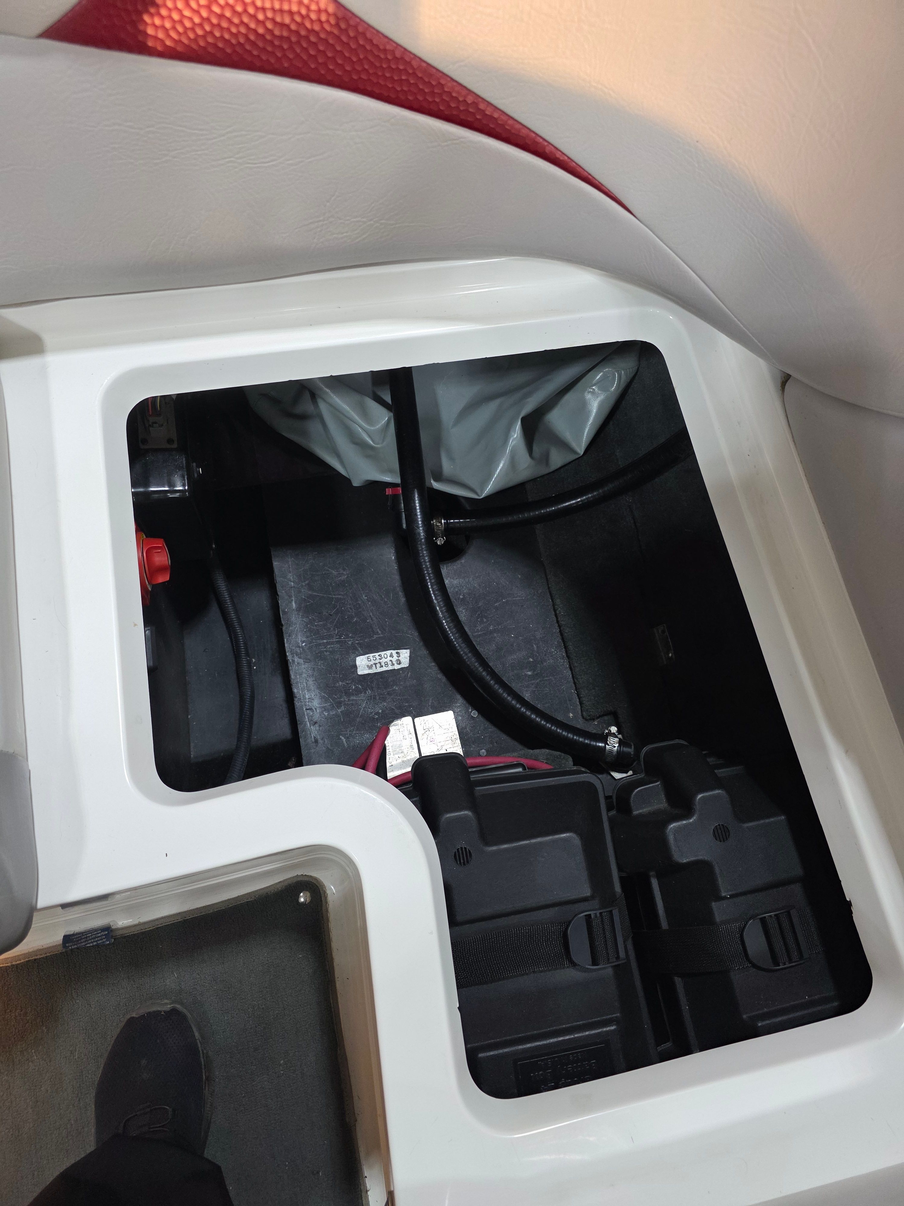 Battery compartment of a 2007 MasterCraft X-15 boat.