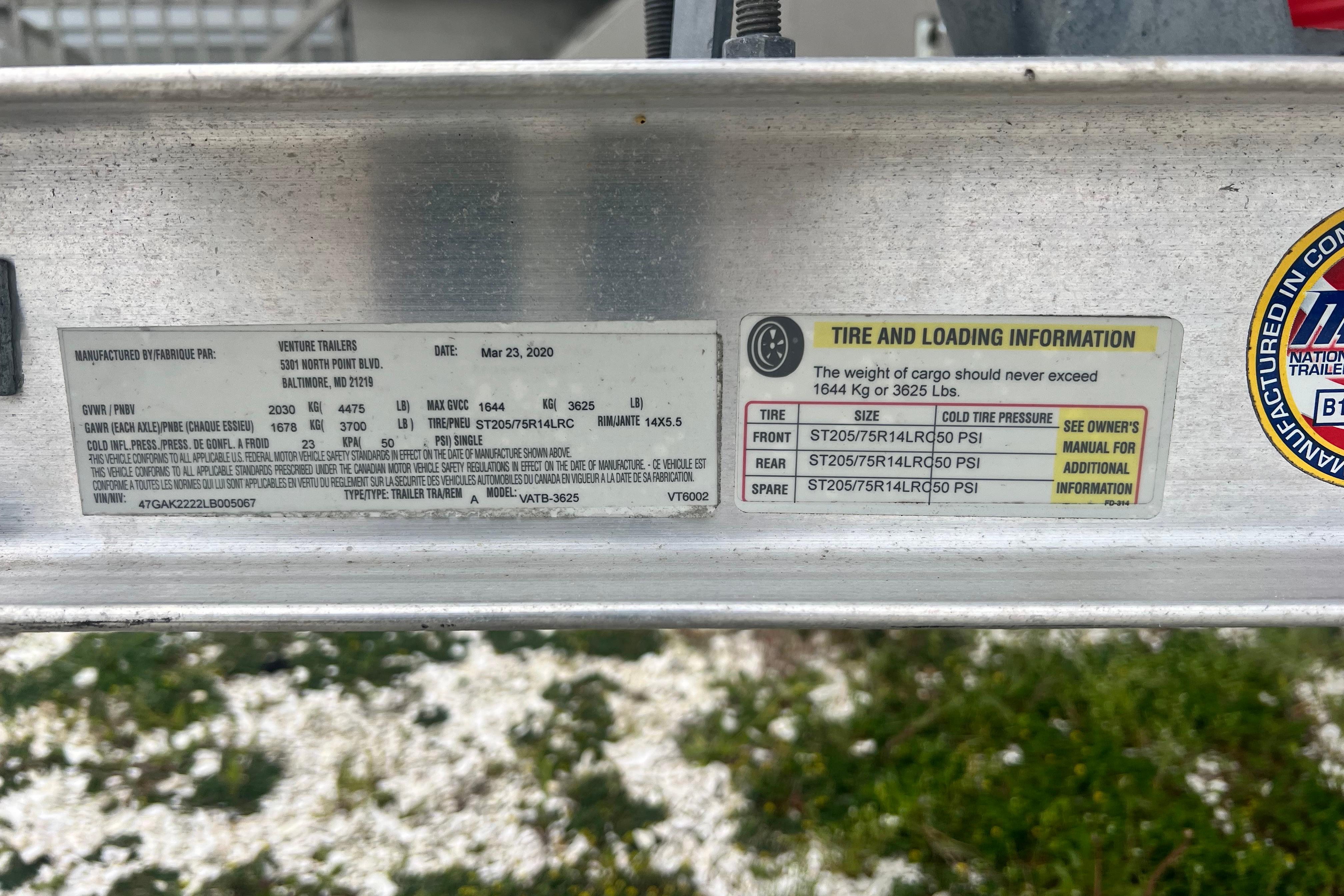 2020 Scout 195 Sportfish trailer label with tire and loading information, manufactured by Venture Trailers.