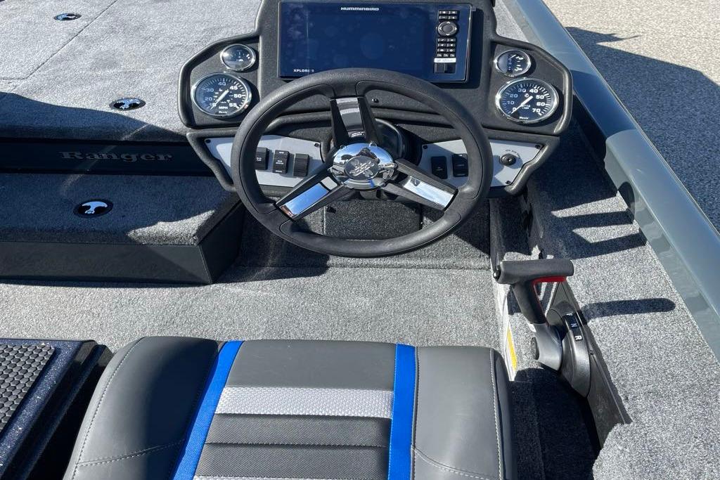 2026 Ranger RT198P boat cockpit with steering wheel, gauges, and control panel.