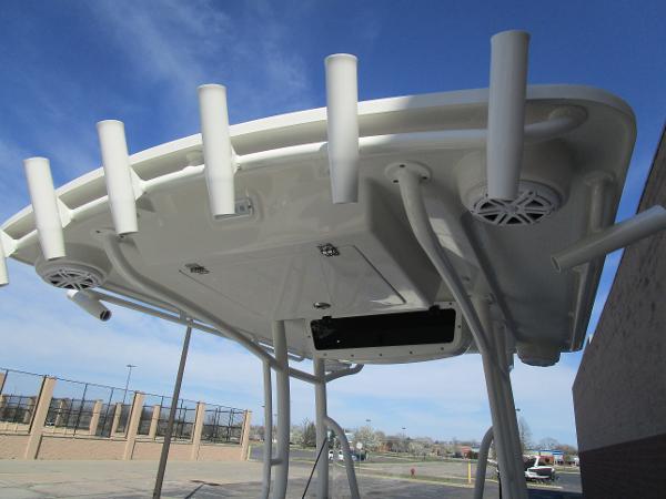 2024 Ranger 2660 Bay boat T-top with rod holders and speakers.