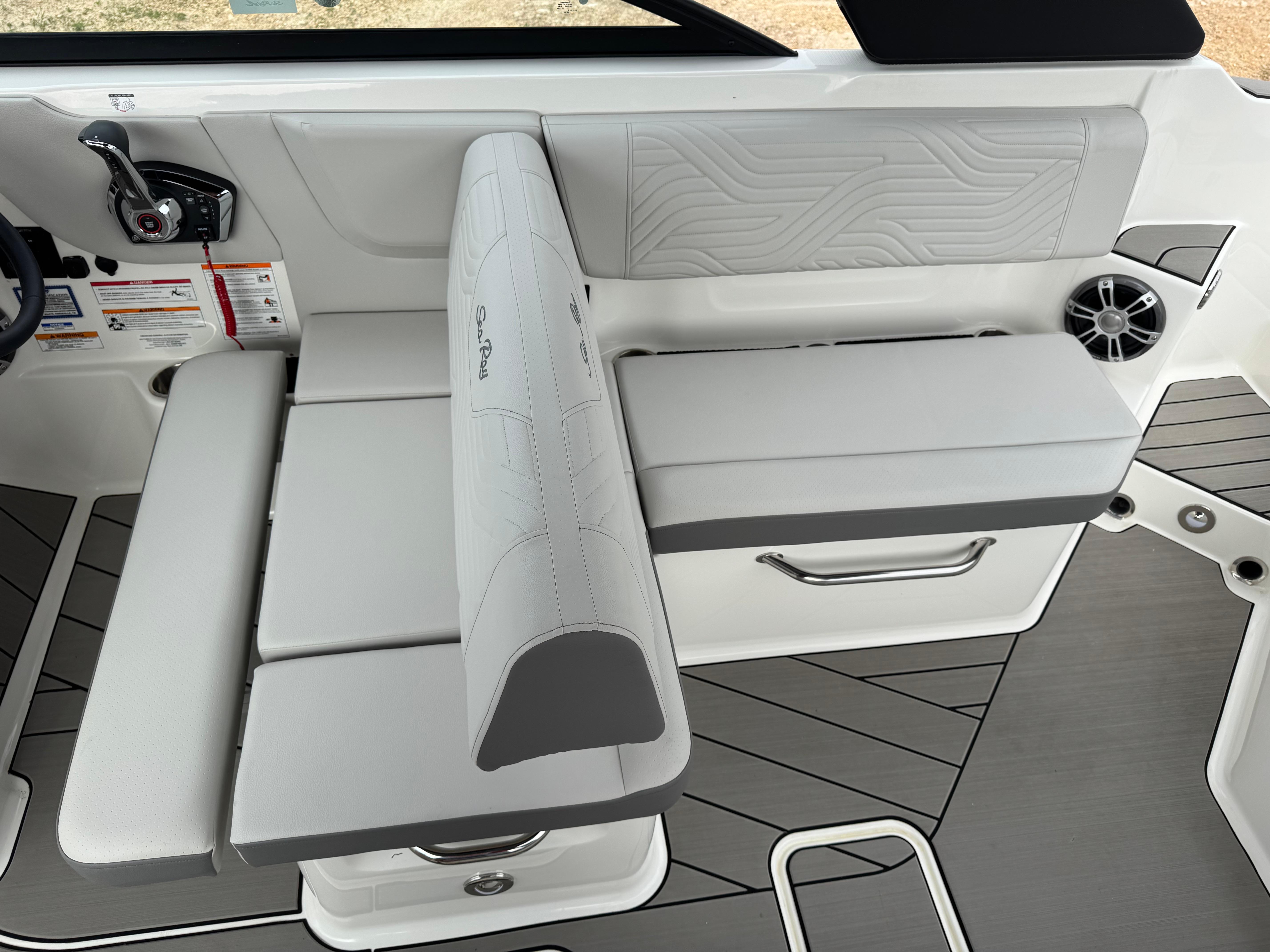 2025 Sea Ray SDX 270 Surf boat interior with sleek seating and modern design.