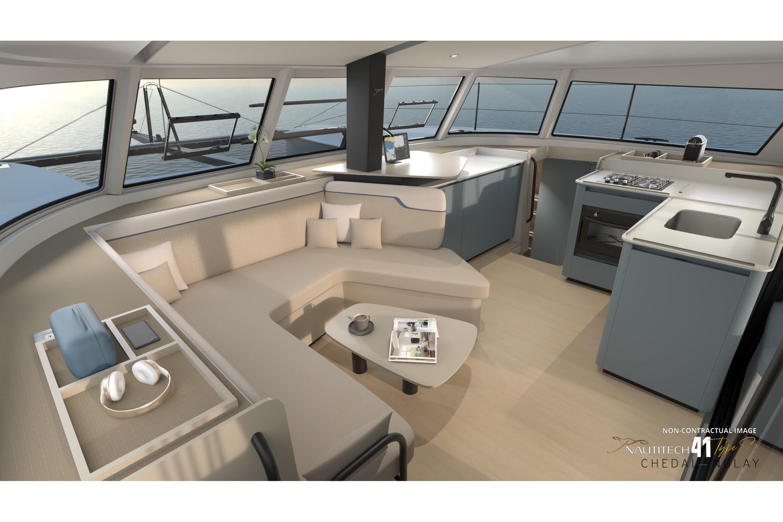 Interior of Nautitech 41 Type S 2026 with modern kitchen and lounge.