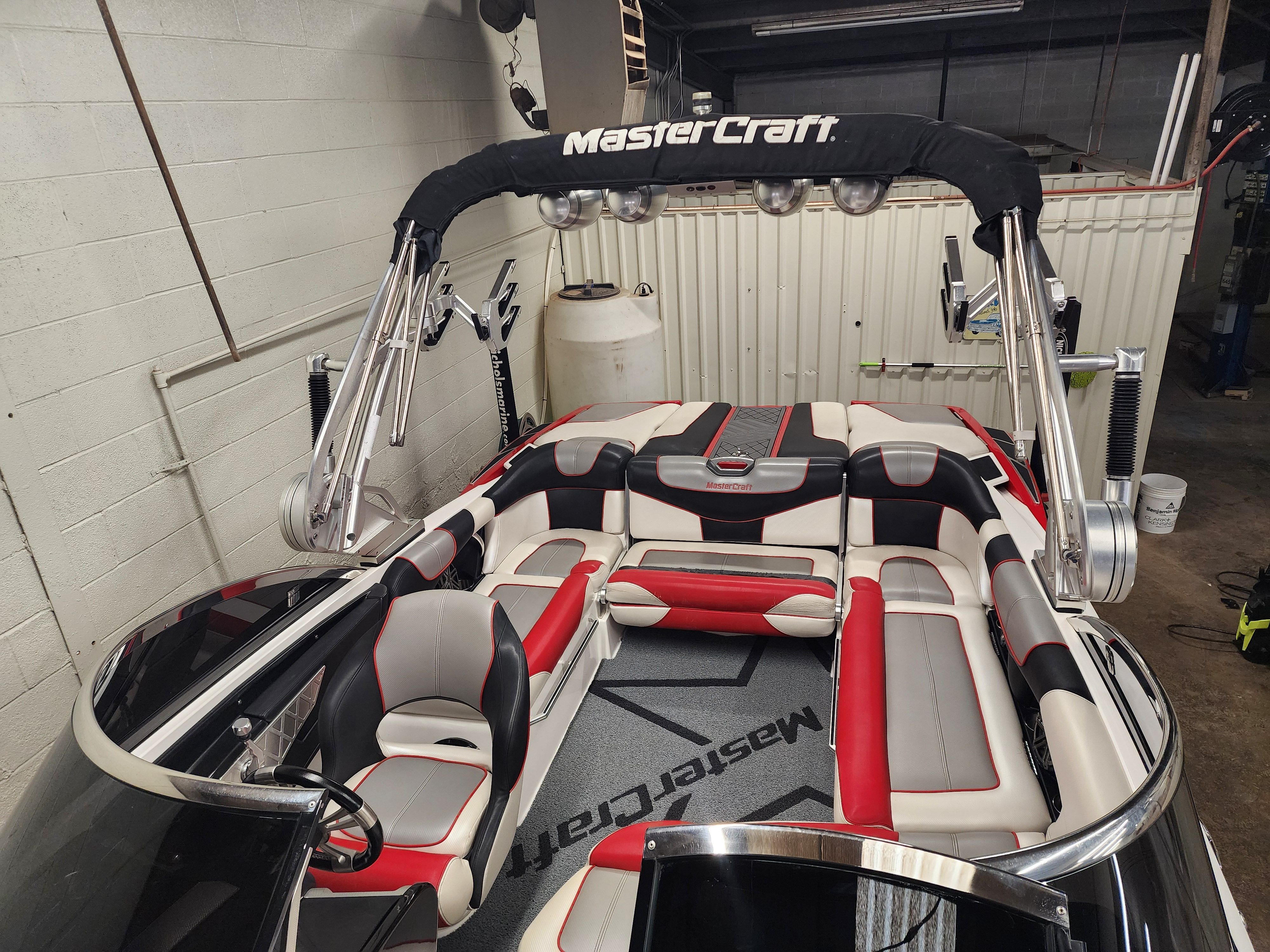 Interior of a 2013 MasterCraft XStar boat with stylish seating.