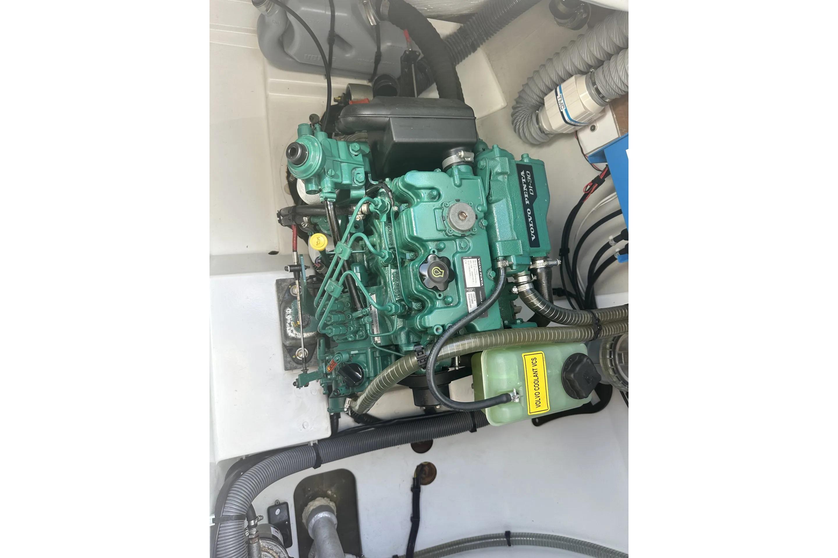 Engine compartment of a 2021 Fountaine Pajot Isla 40 catamaran, featuring a Volvo Penta engine.