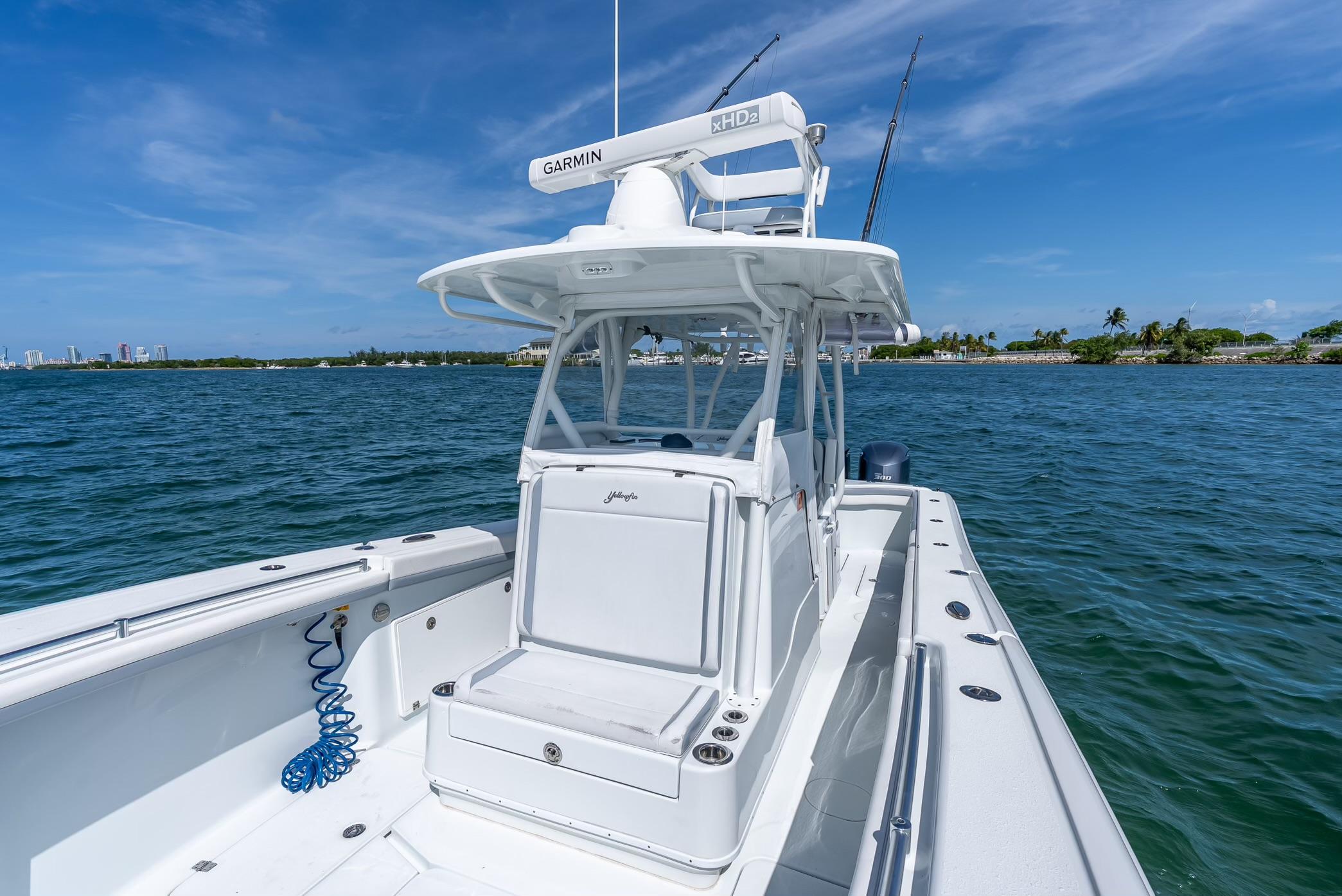 2021 Yellowfin 34 boat on calm blue water with clear skies.
