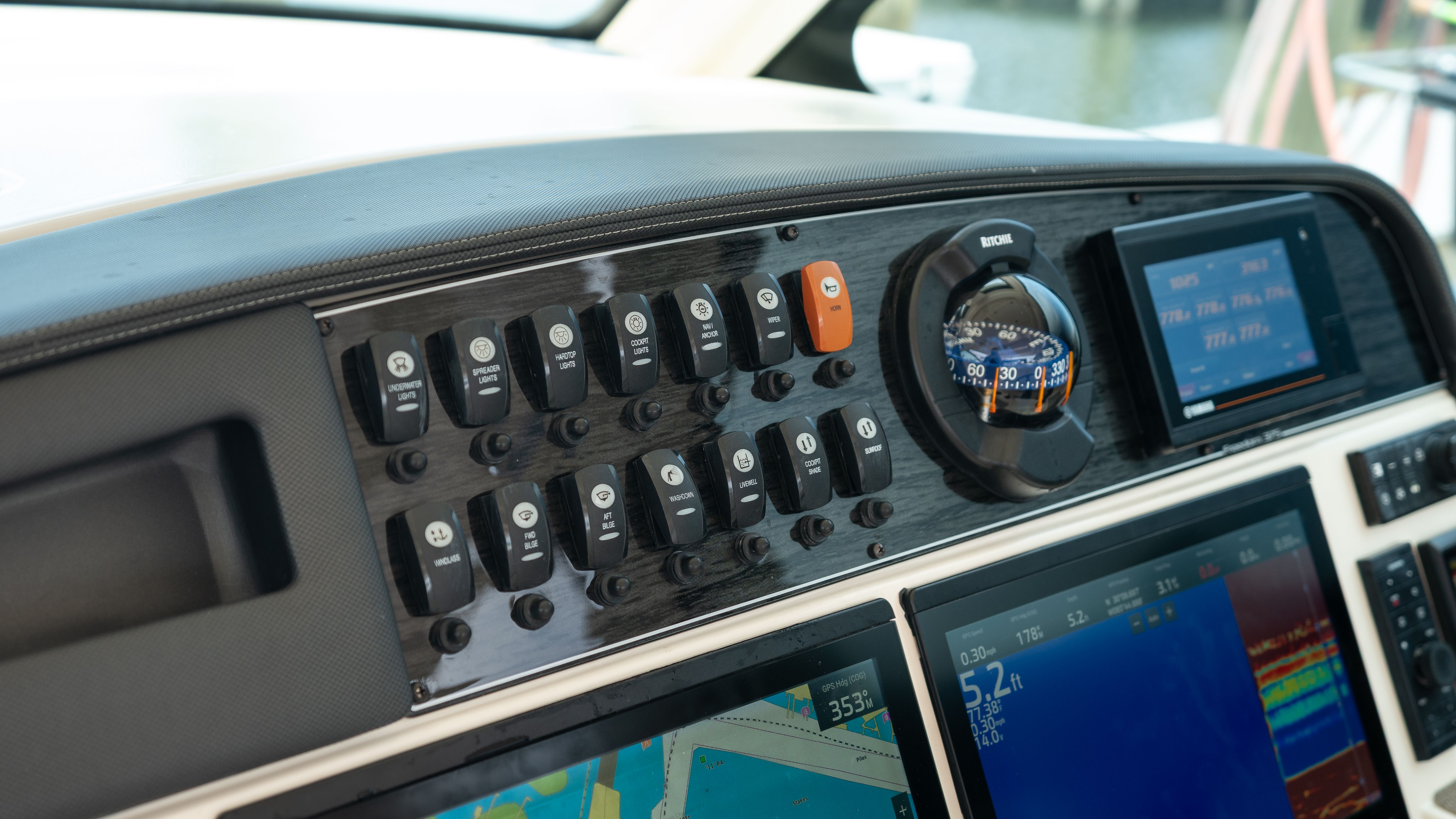 Dashboard of the Grady-White 375 Freedom with modern instruments.