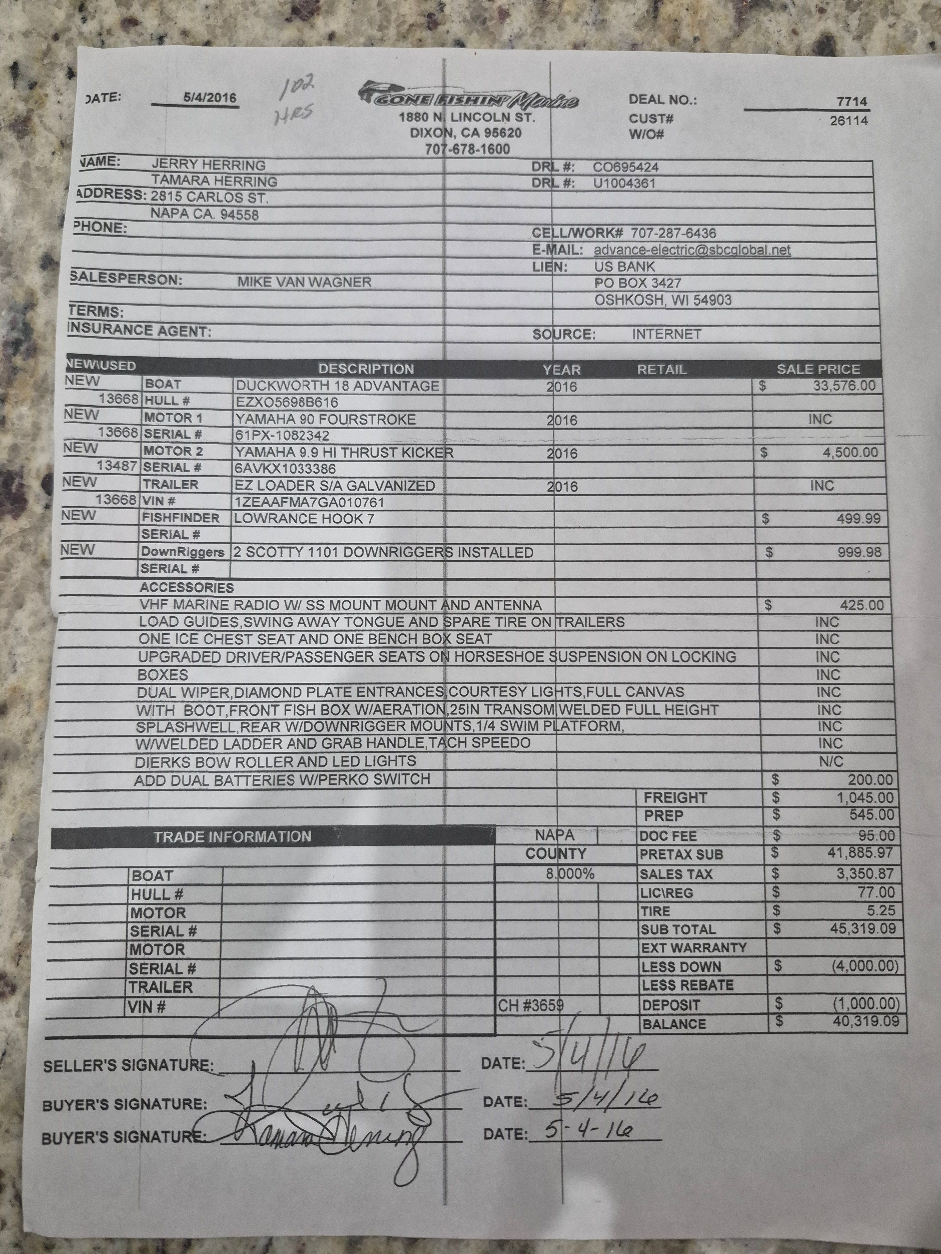 A purchase agreement for a 2016 Duckworth 18 Advantage boat.