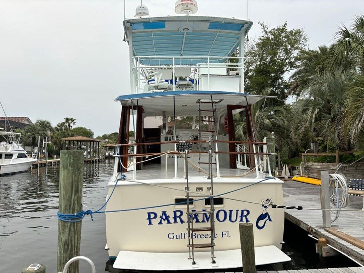 1972 Hatteras 44 Tricabin yacht docked in Gulf Breeze, Florida.