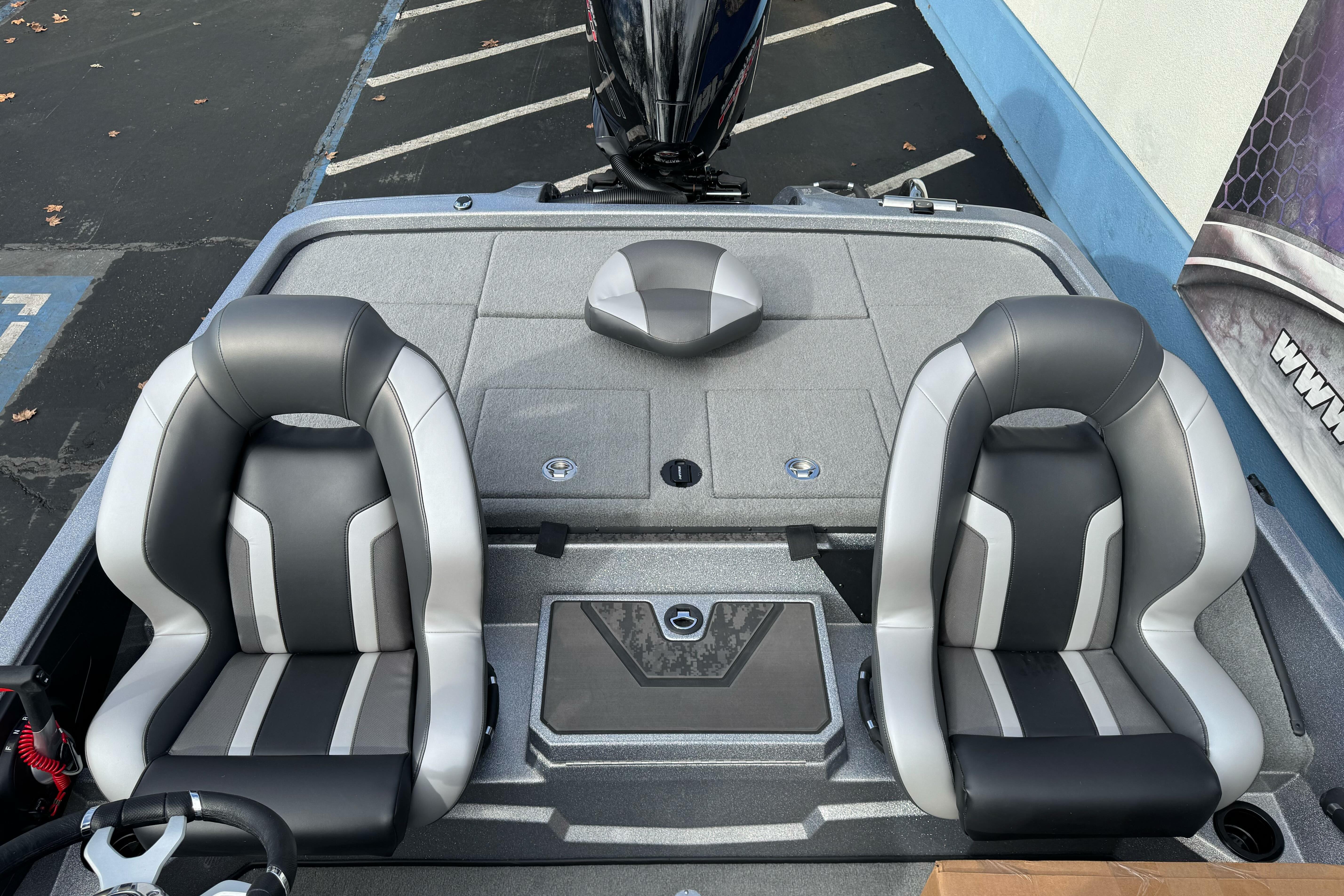 2026 Nitro Z19 XL boat interior with dual gray and black seats.
