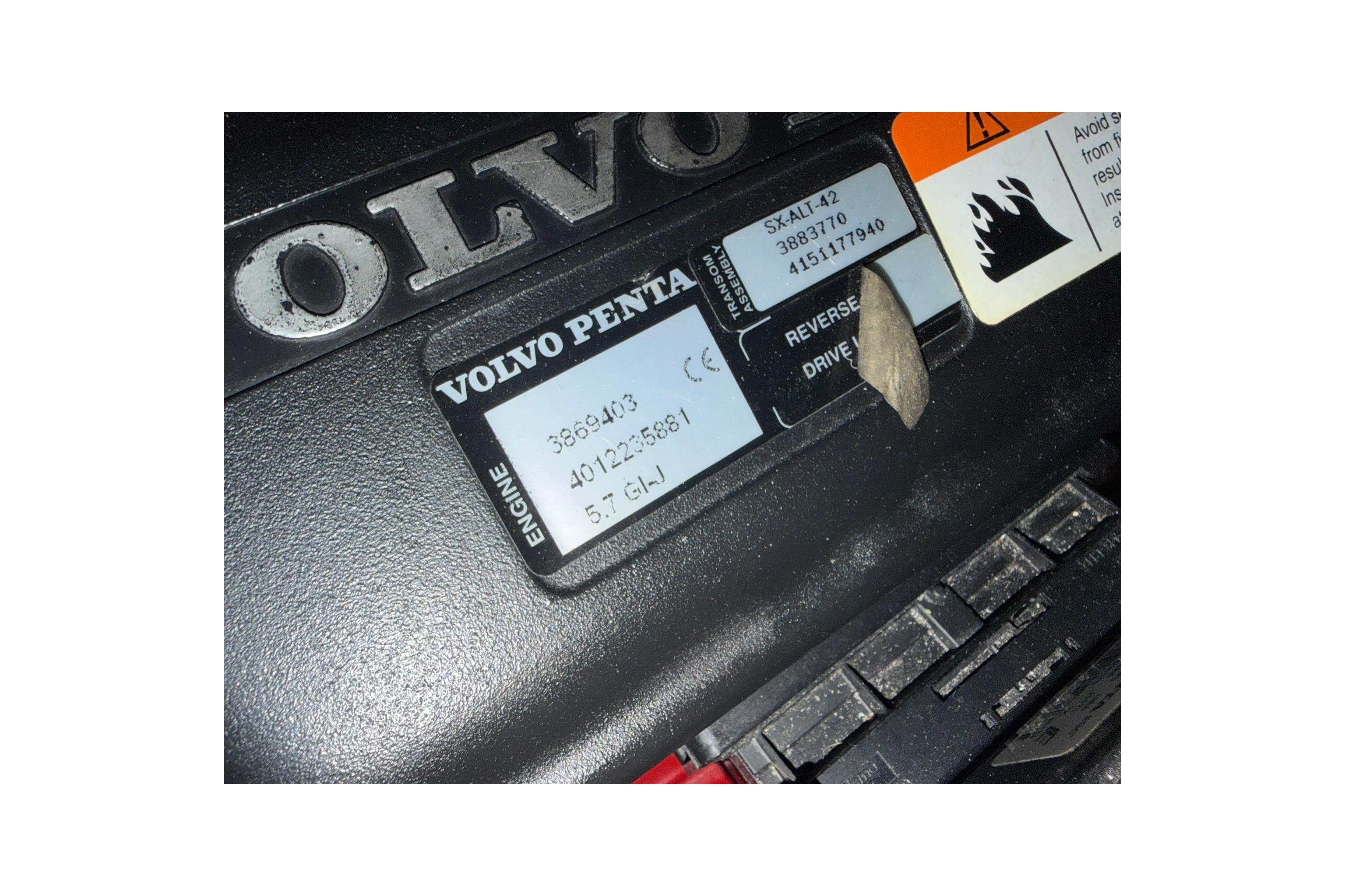 Volvo Penta engine label on 2008 Four Winns V248 boat, displaying specifications and warnings.