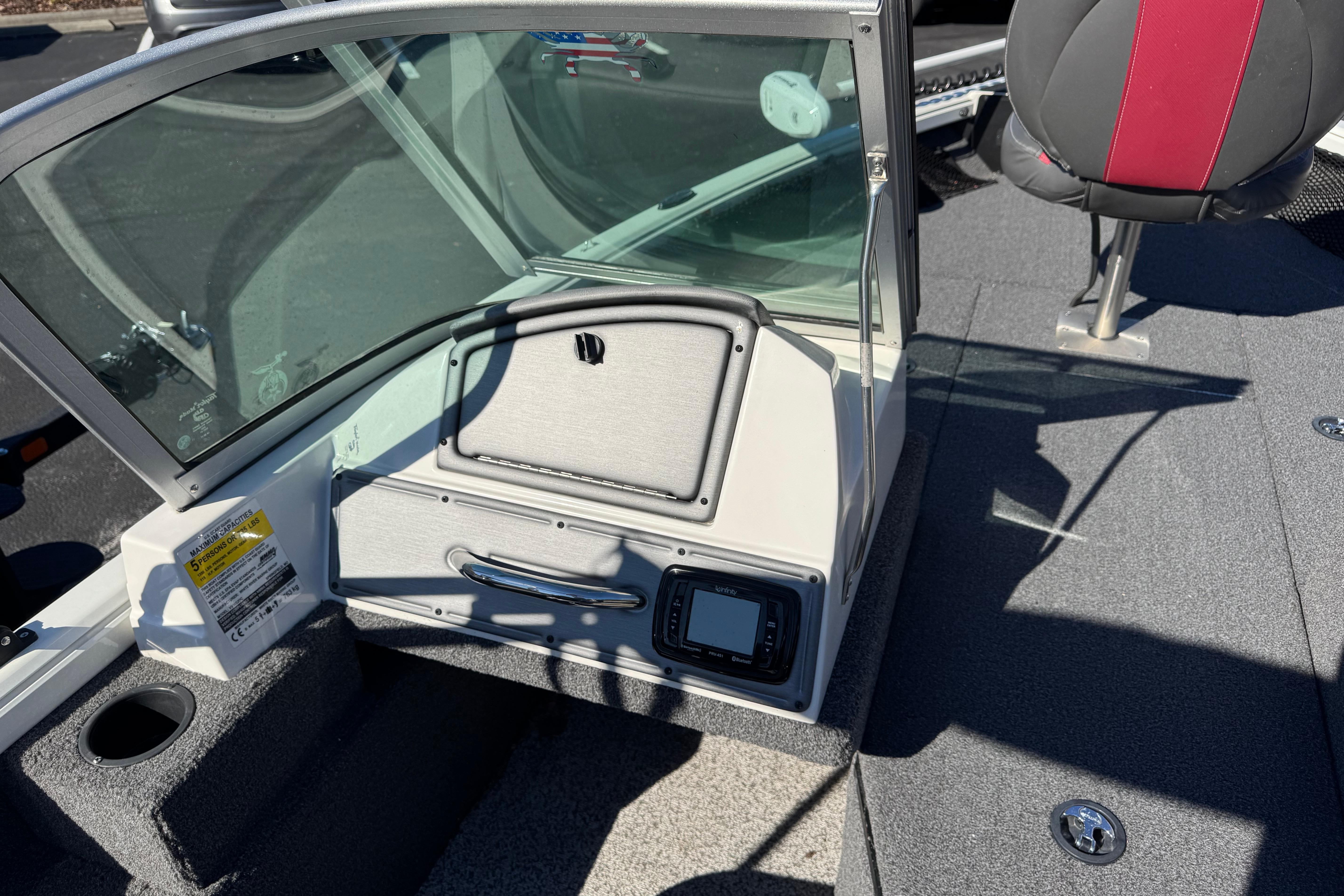 2020 Ranger VS1682 WT boat interior with seating and control panel.