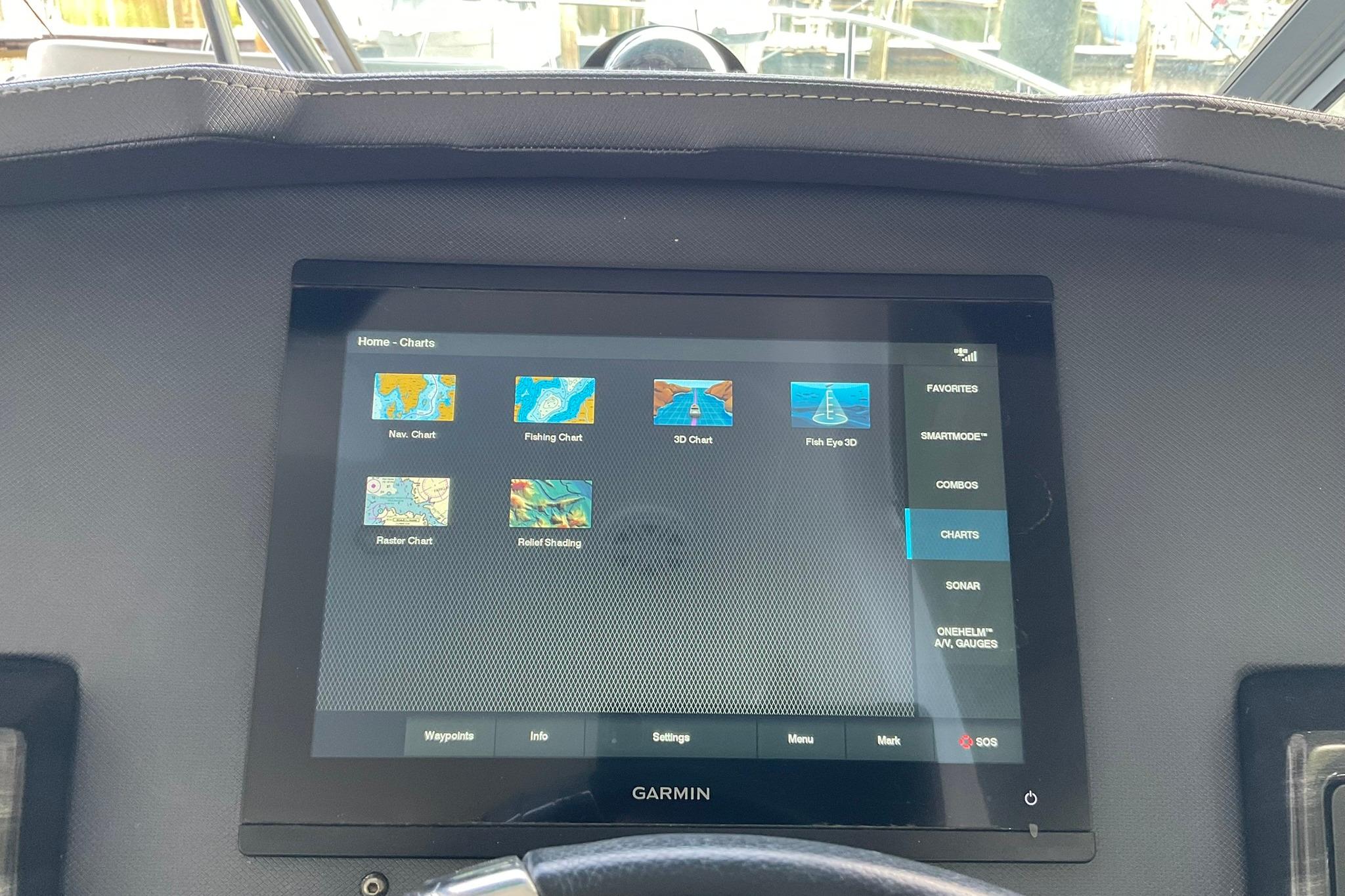 Garmin navigation display on 2019 Monterey 335 Sport Yacht, showing various chart options.