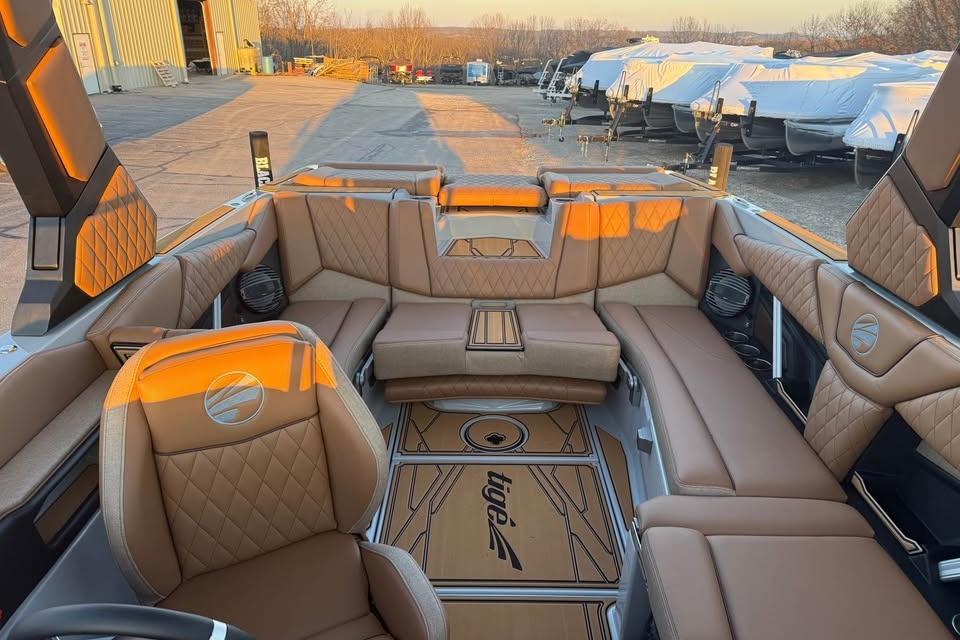 2026 Tigé Z3 boat interior with luxurious tan seating and stylish design.