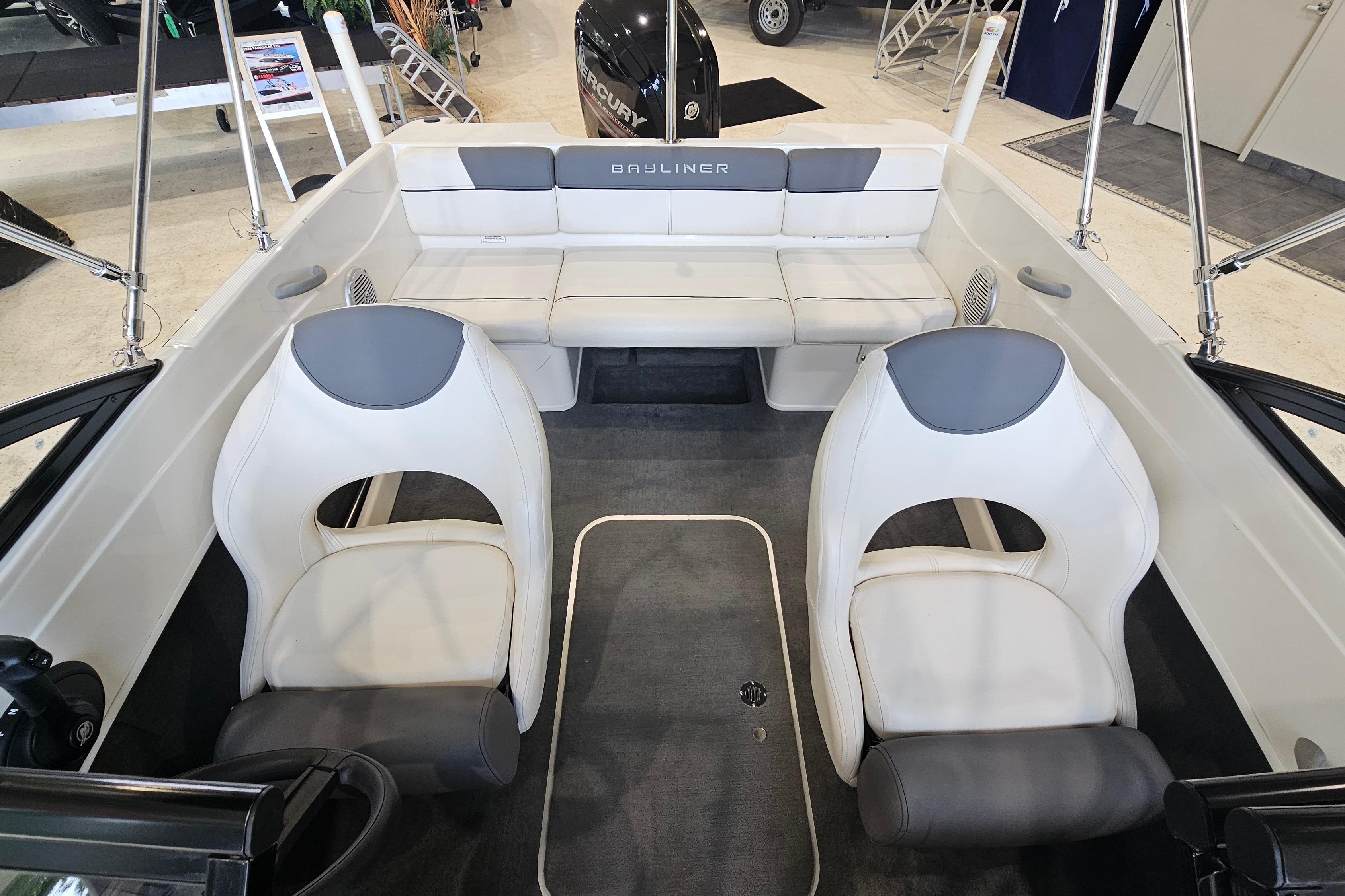 2019 Bayliner 170 Bowrider interior with white seating and gray accents.
