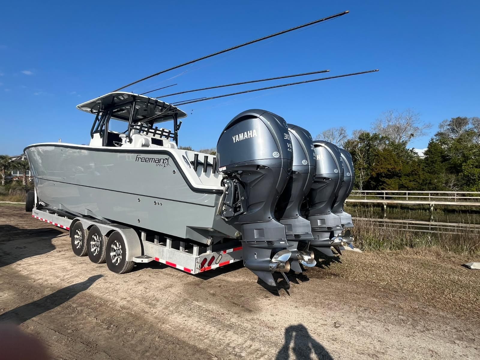 2017 Freeman 37VH boat with four Yamaha engines.