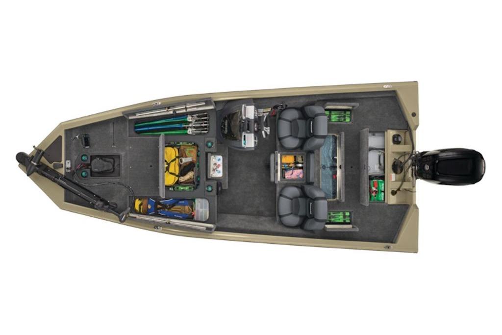 2026 Tracker Pro Team 175 boat, top view, showcasing seating and storage layout.