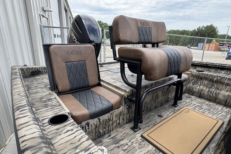 2027 Excel 230 Bay Pro Elite boat seats with camo pattern and dual seating arrangement.