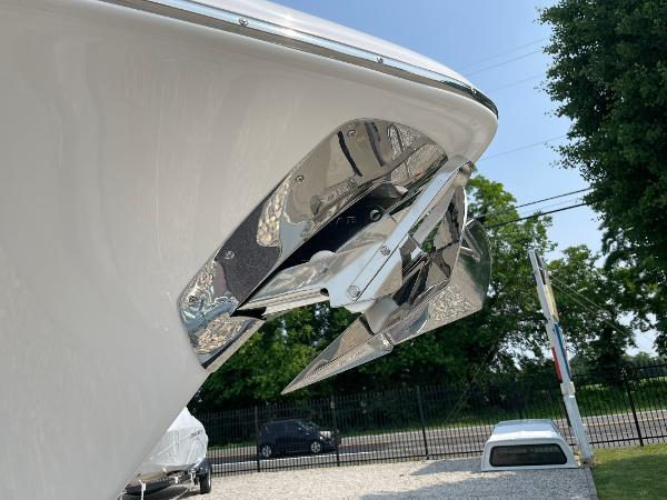 2025 Tidewater 232 CC Adventure boat anchor detail with chrome finish, outdoors.