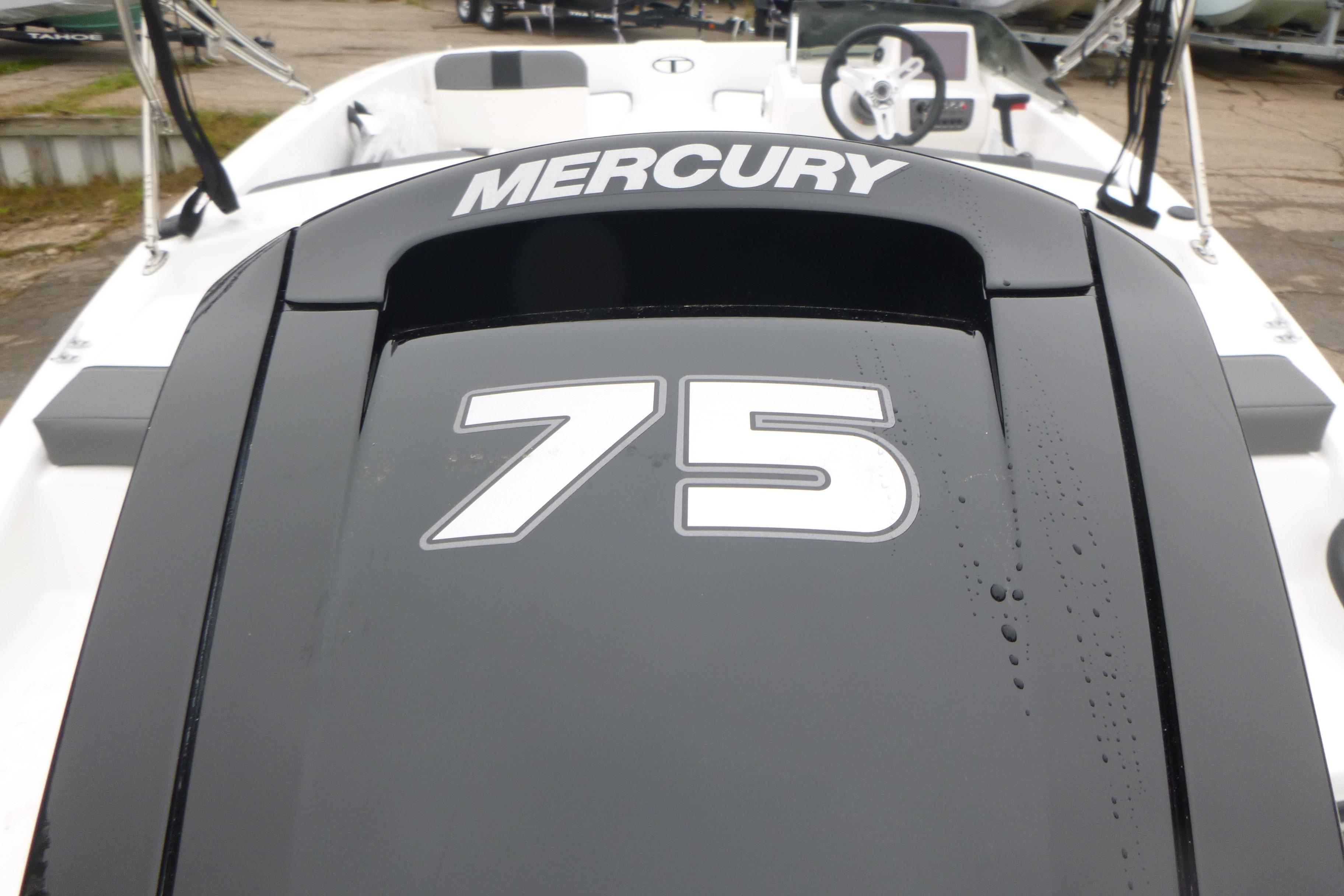 2026 Tahoe T16 boat with Mercury 75 engine, featuring sleek design and modern controls.