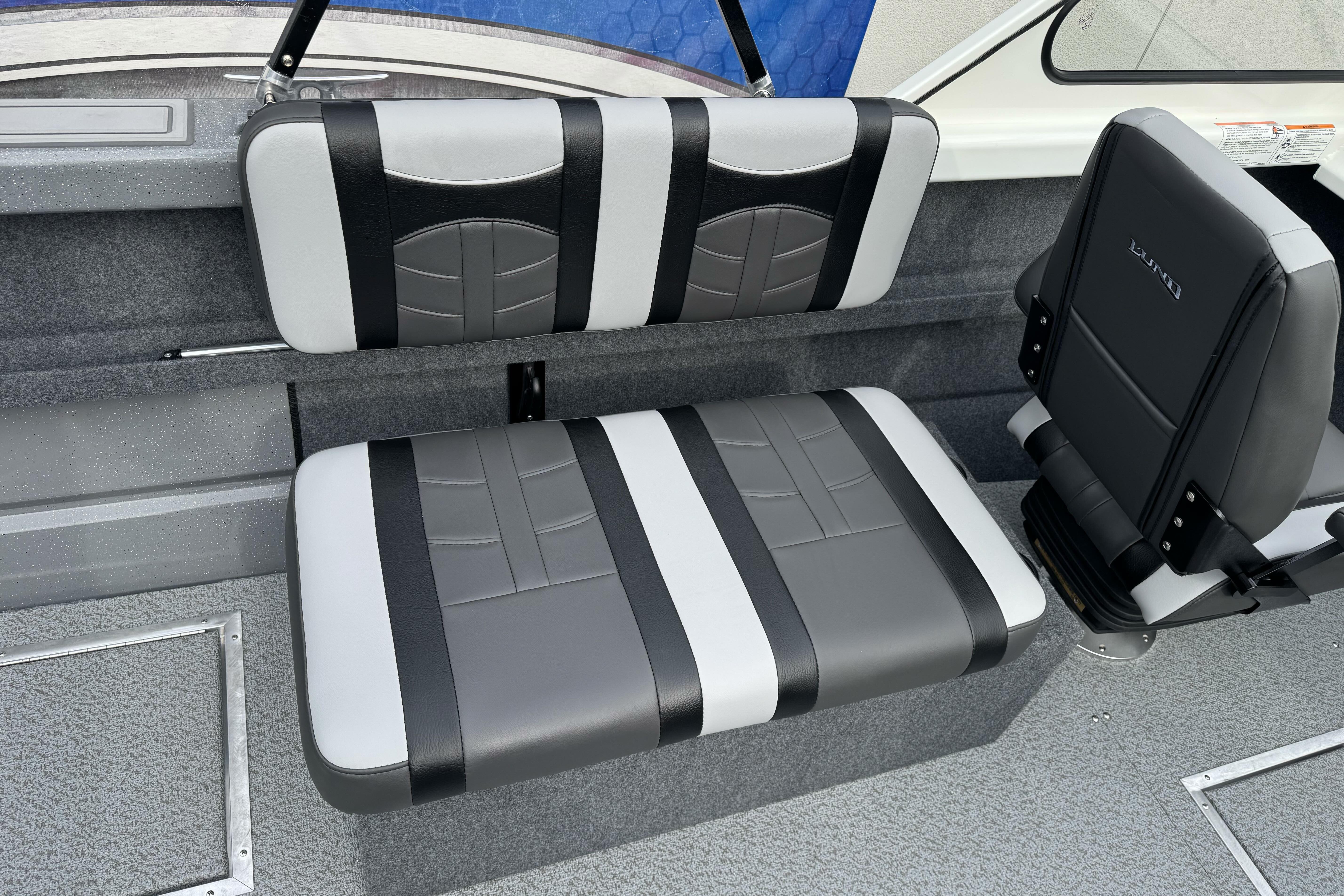 2026 Lund 185 Heavy Gauge boat interior with stylish gray and black seating.