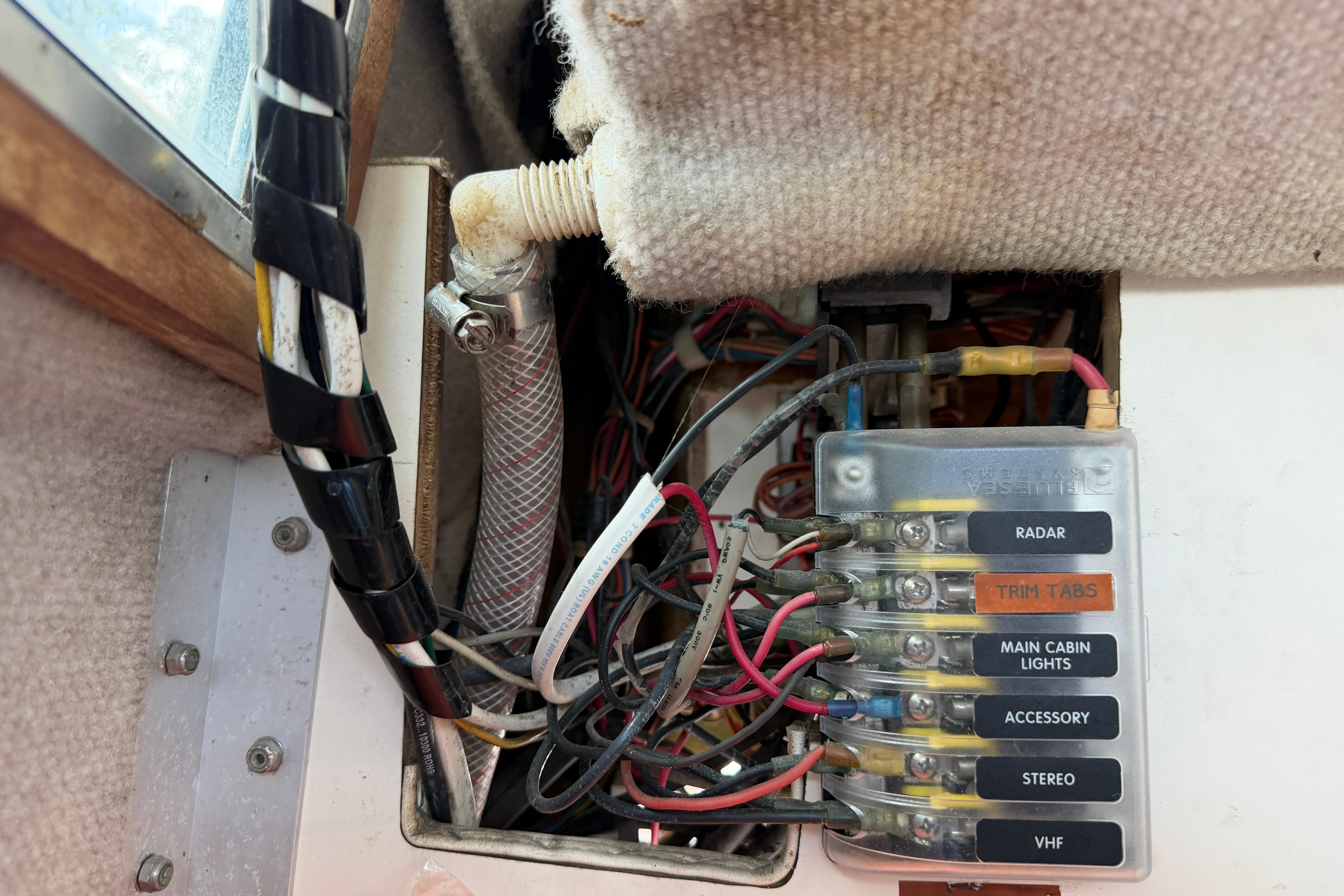 Electrical panel of a 1987 Grady-White Seafarer 226 boat, showing labeled wiring connections.