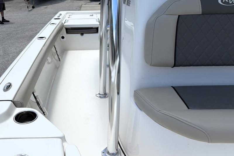 2025 Key West 210 Bay Reef boat interior with seating and stainless steel features.