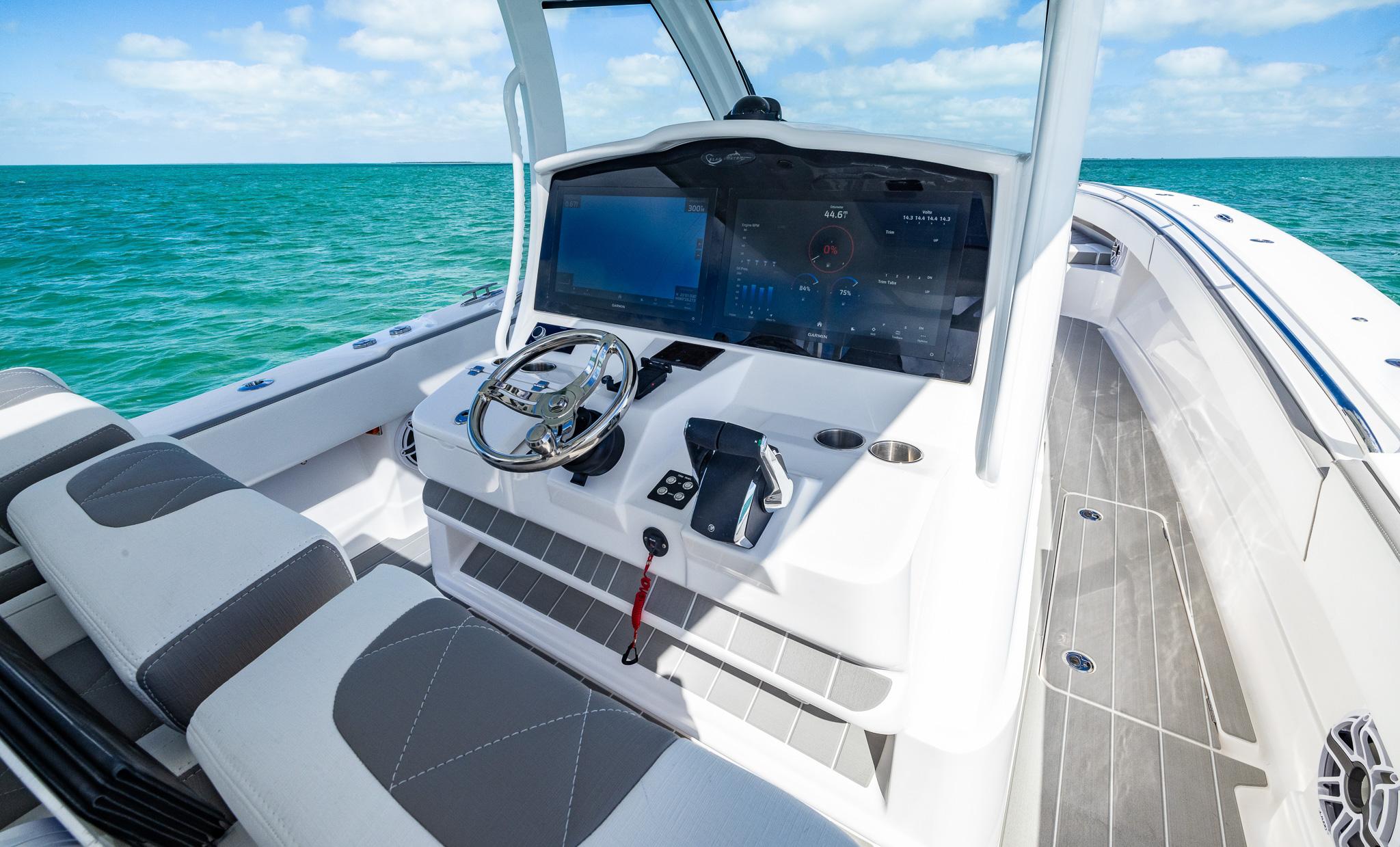 2025 Blackwater 43 Sportfish boat cockpit with modern controls and ocean view.