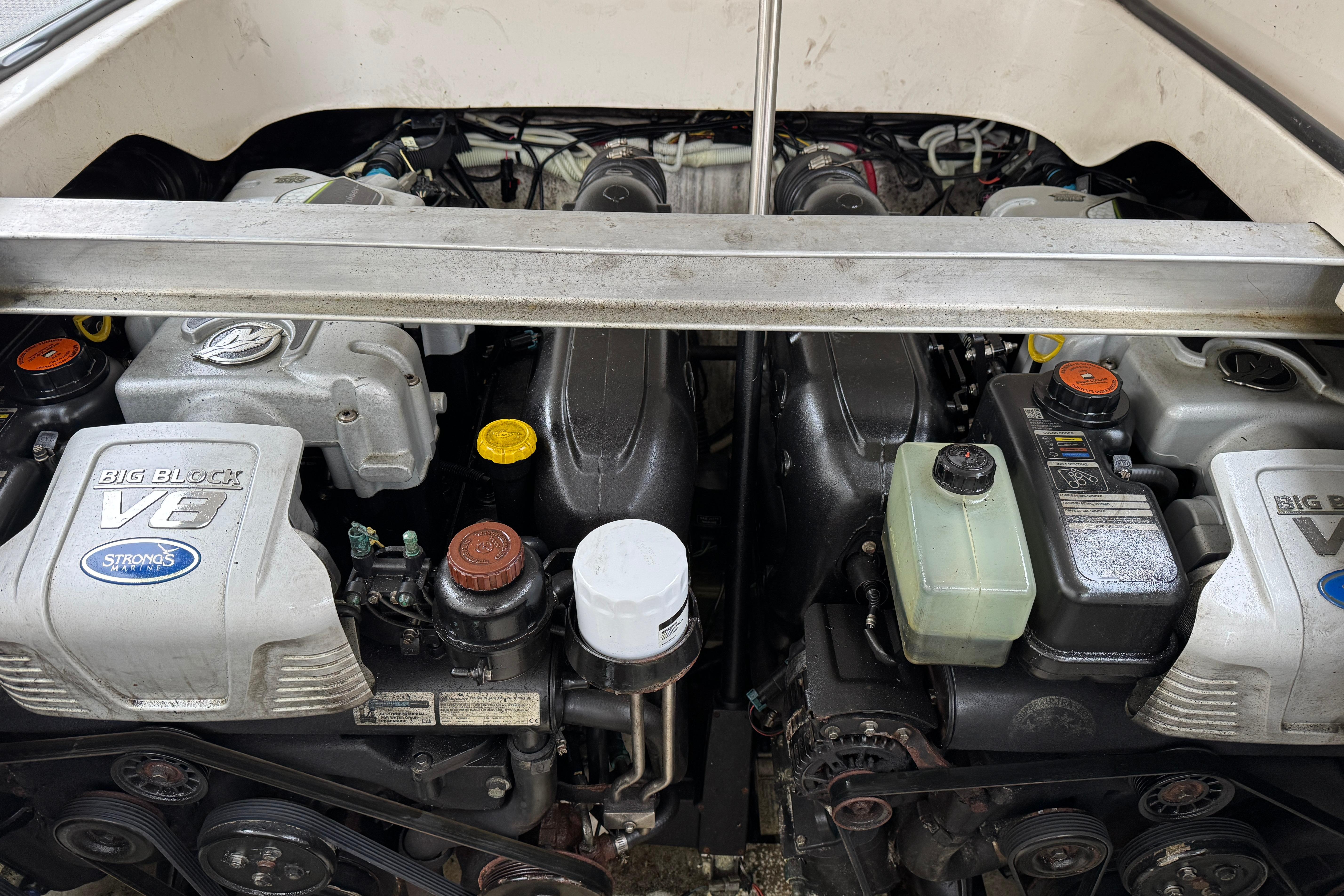 Engine compartment of a 2012 Chaparral 327 SSX with dual Big Block V8 engines.