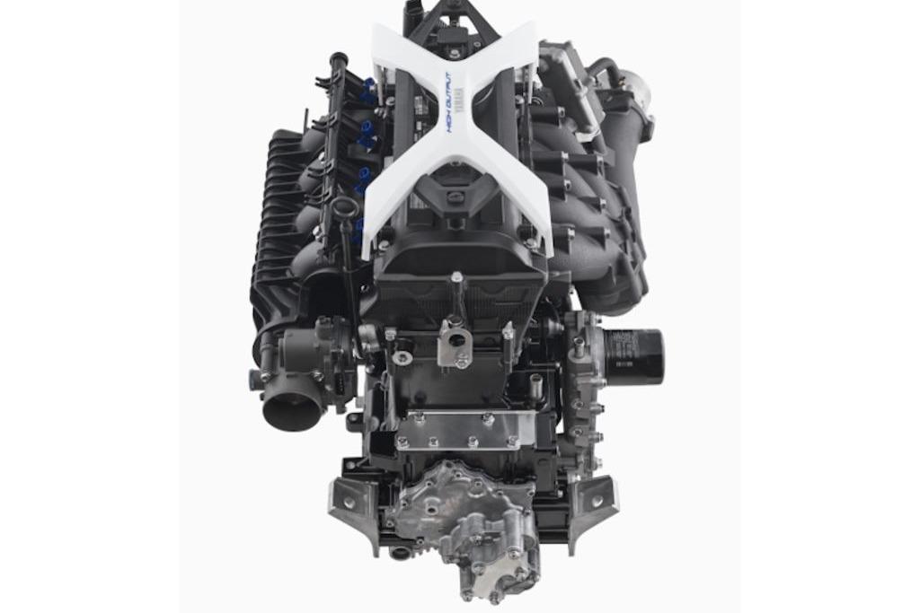 Engine of 2026 Yamaha Boats 195 FSH Sport, showcasing intricate mechanical design.