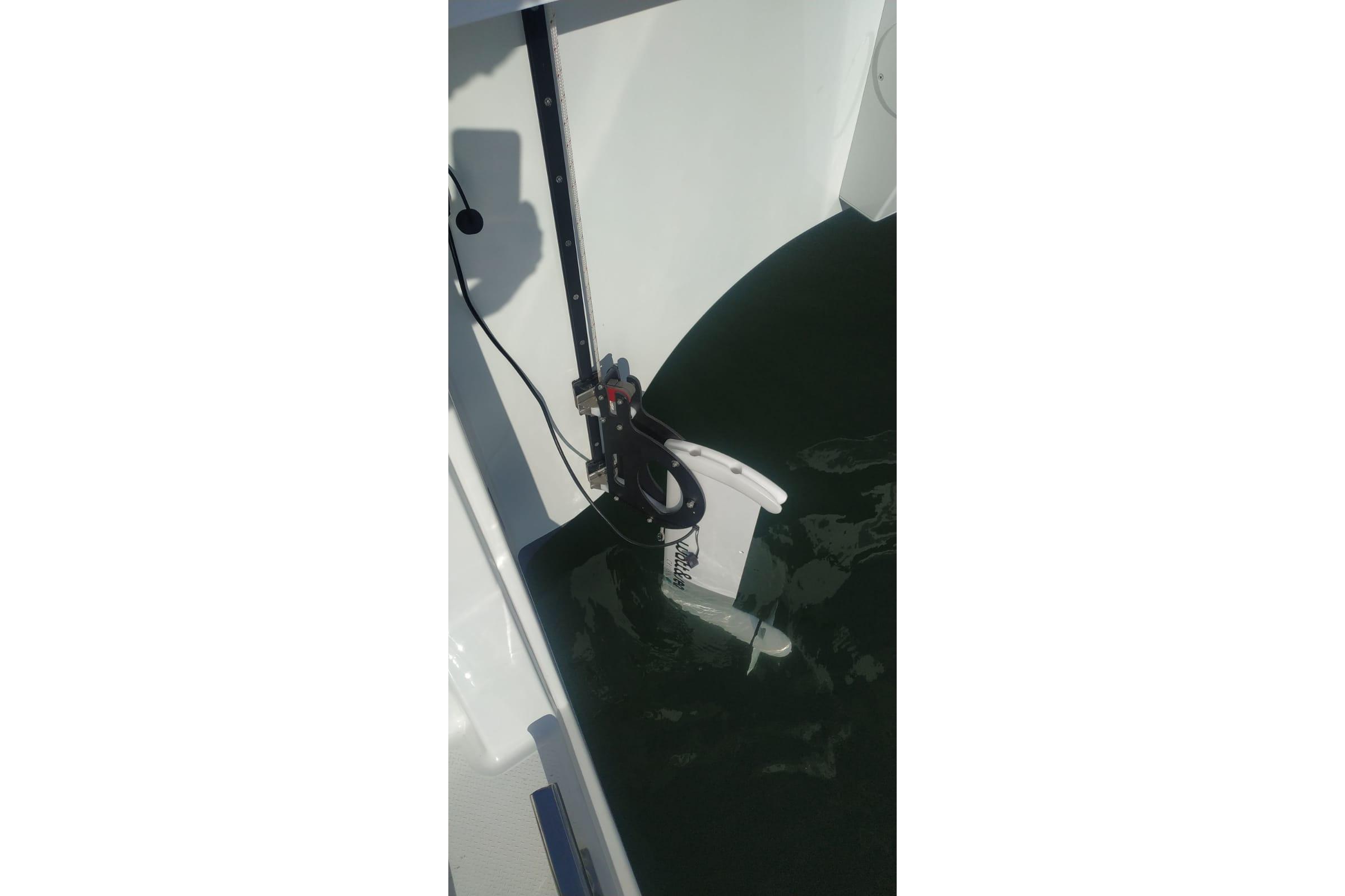 Rudder system of a 2020 Fountaine Pajot Saona 47 catamaran in water.