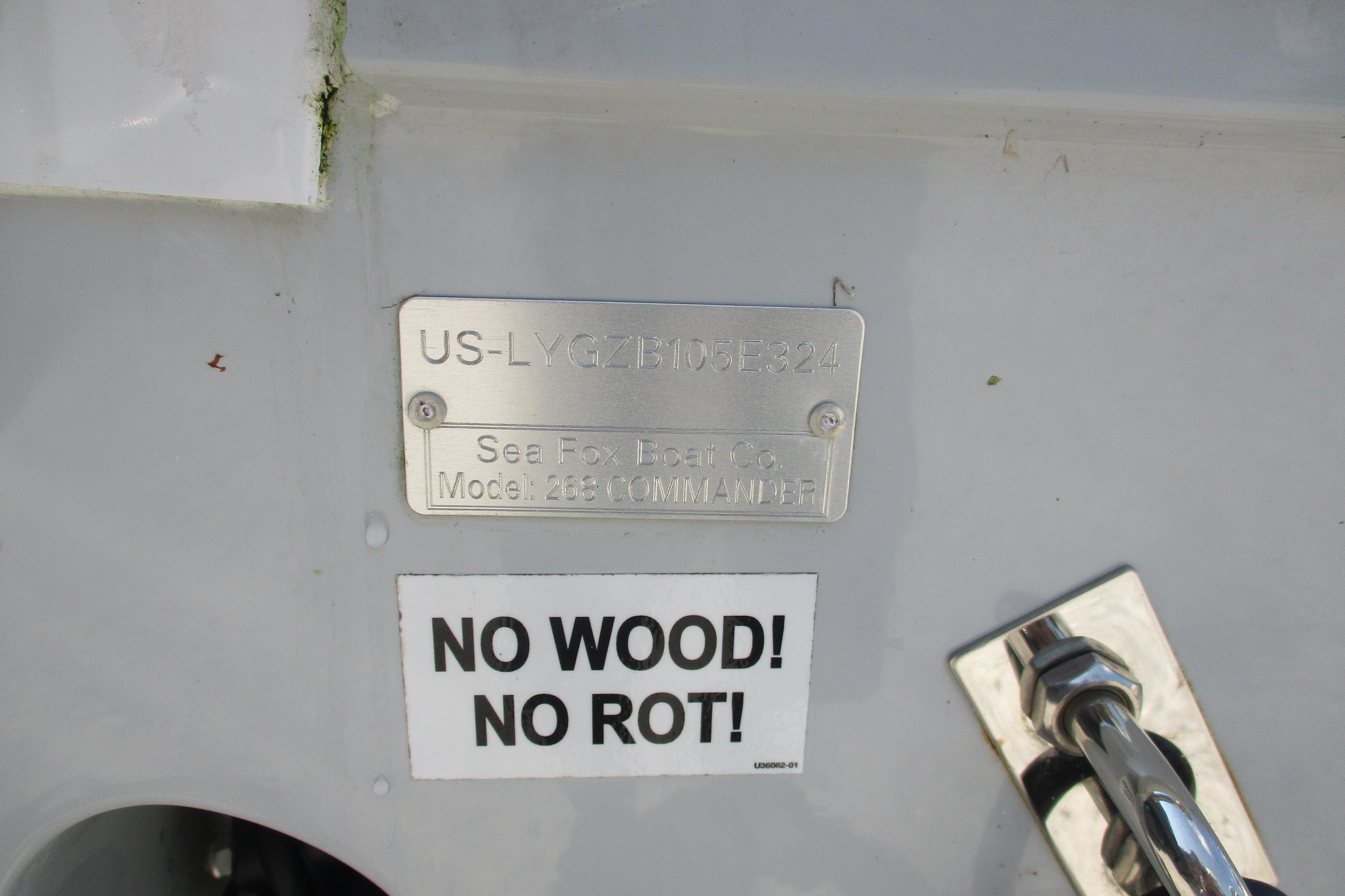 2024 Sea Fox 268 Commander boat with "No Wood! No Rot!" label and identification plate.