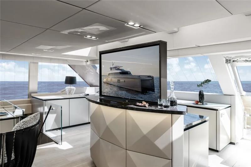 Luxurious interior of 2026 Sunreef 80 Sunreef Power yacht with modern design and ocean view.