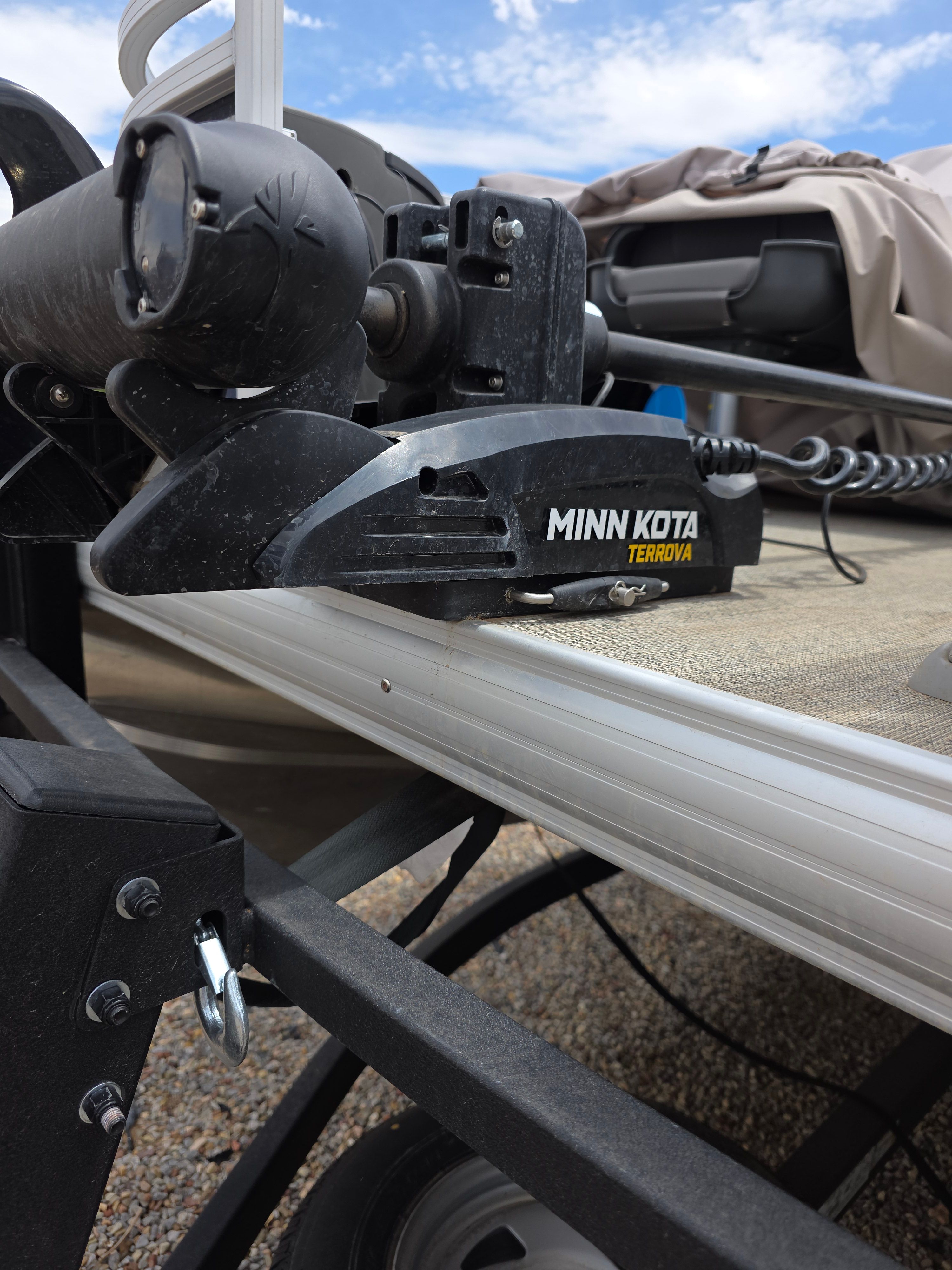 Close-up of a boat trailer with Minn Kota Terrova motor.