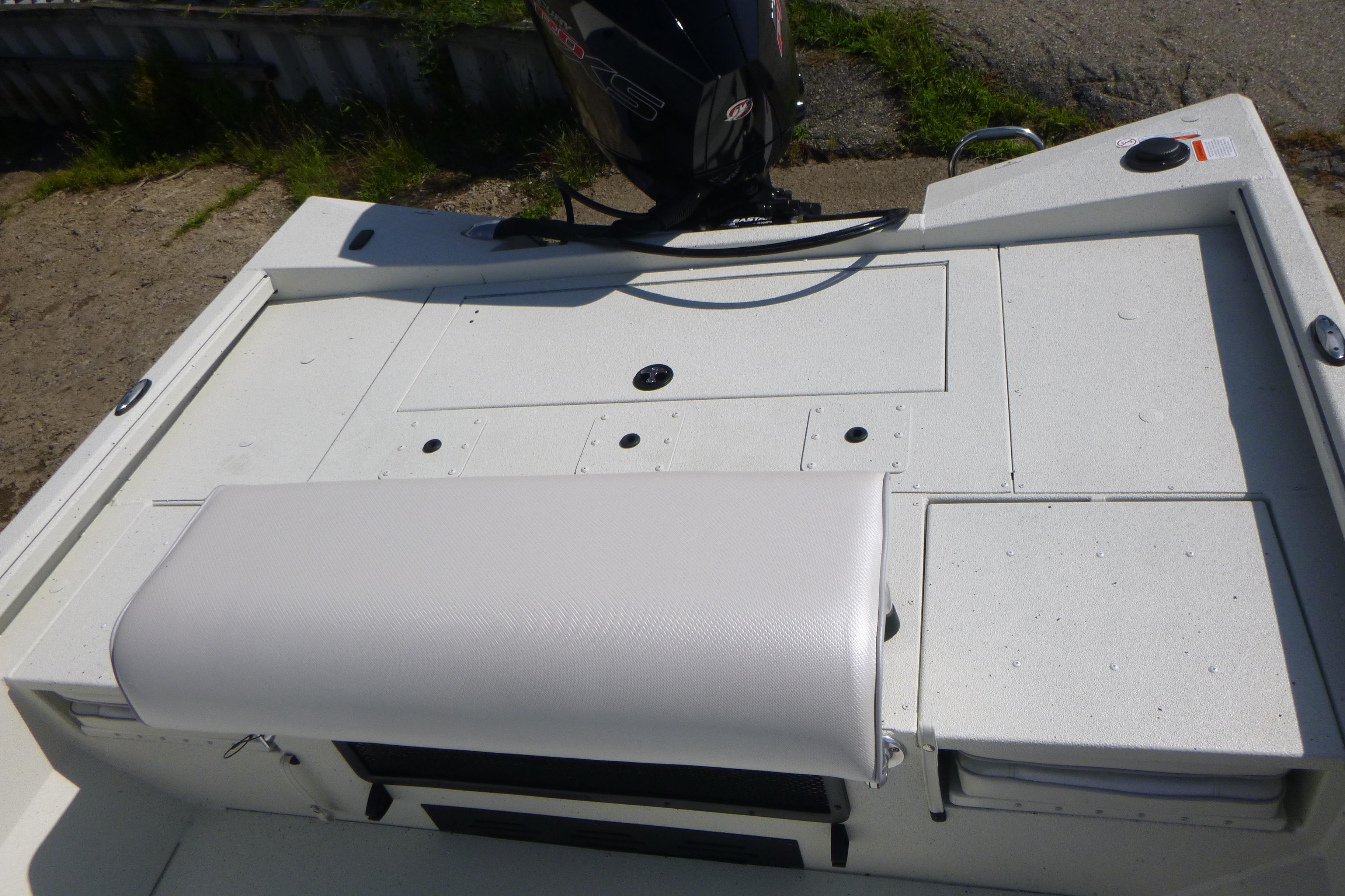 2025 Ranger RB210 boat deck with motor, featuring a white cushioned seat.