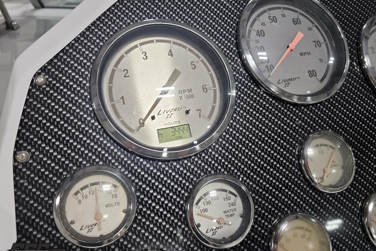 Dashboard of a 2008 Baja 335 Performance boat with Livorsi gauges.