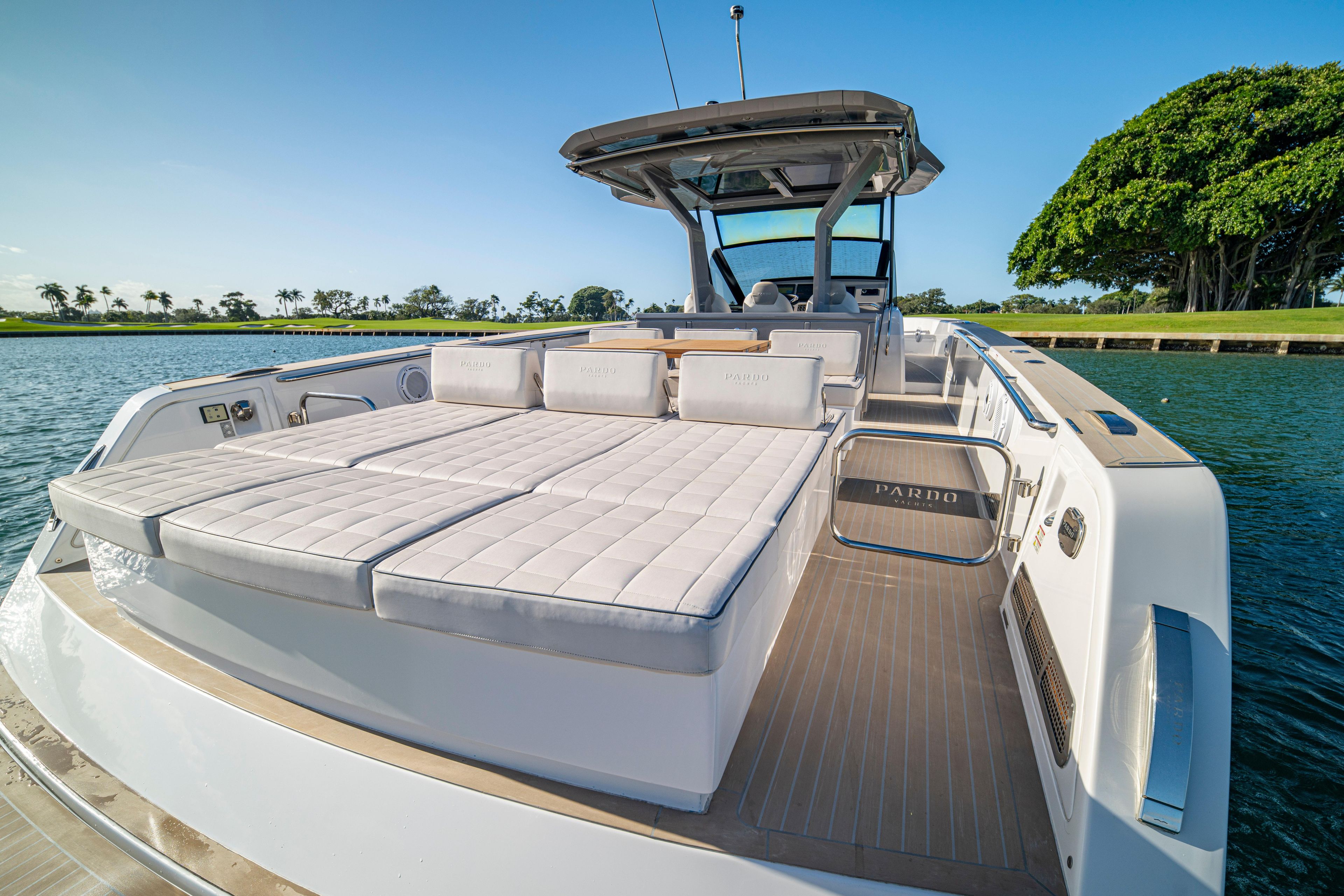 2024 Pardo Yachts P43 luxury yacht with spacious sunbathing area on calm water.