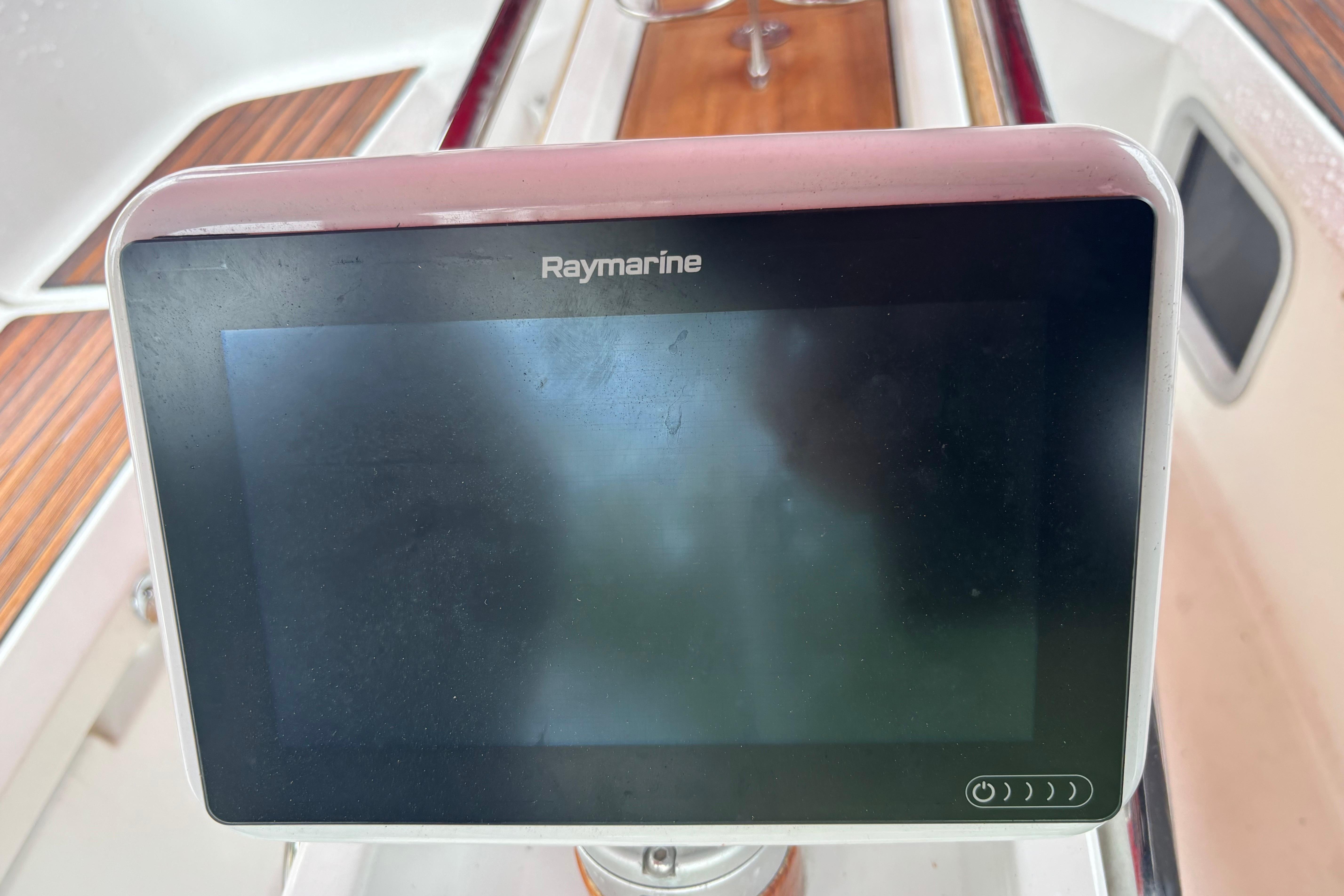 Raymarine display on 2017 Jeanneau Sun Odyssey 389 sailboat cockpit.