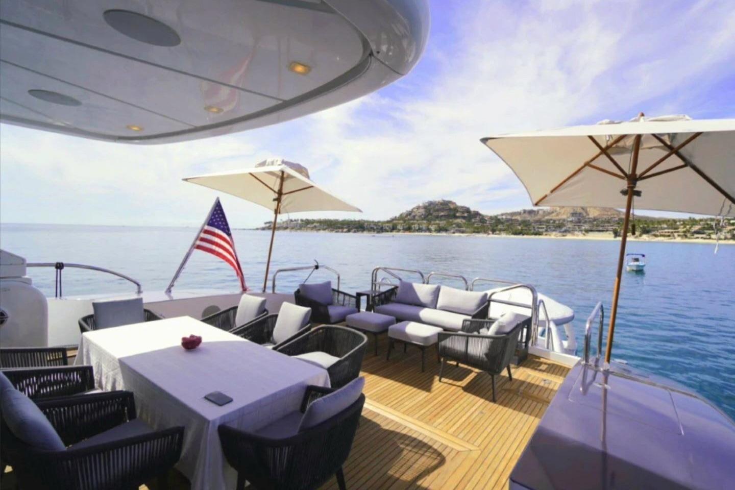 Luxury yacht deck with seating, umbrellas, and ocean view, Leopard 112 model, 2008.