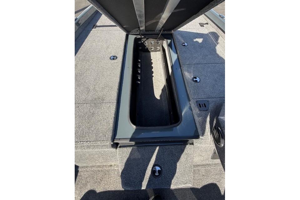 Open storage compartment on 2026 Ranger RT198P boat deck.