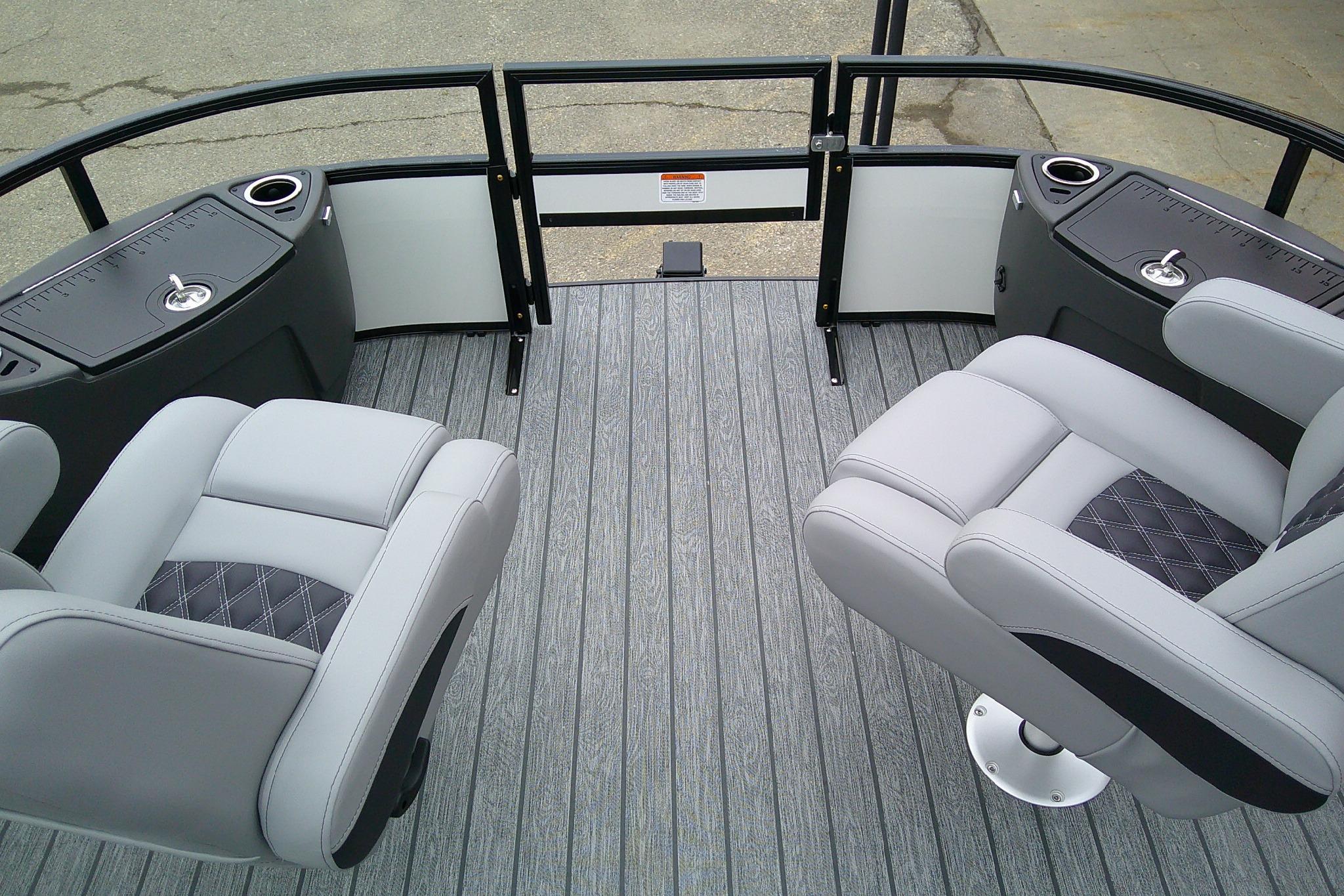 2026 Ranger 220F boat interior with gray seating and modern design.