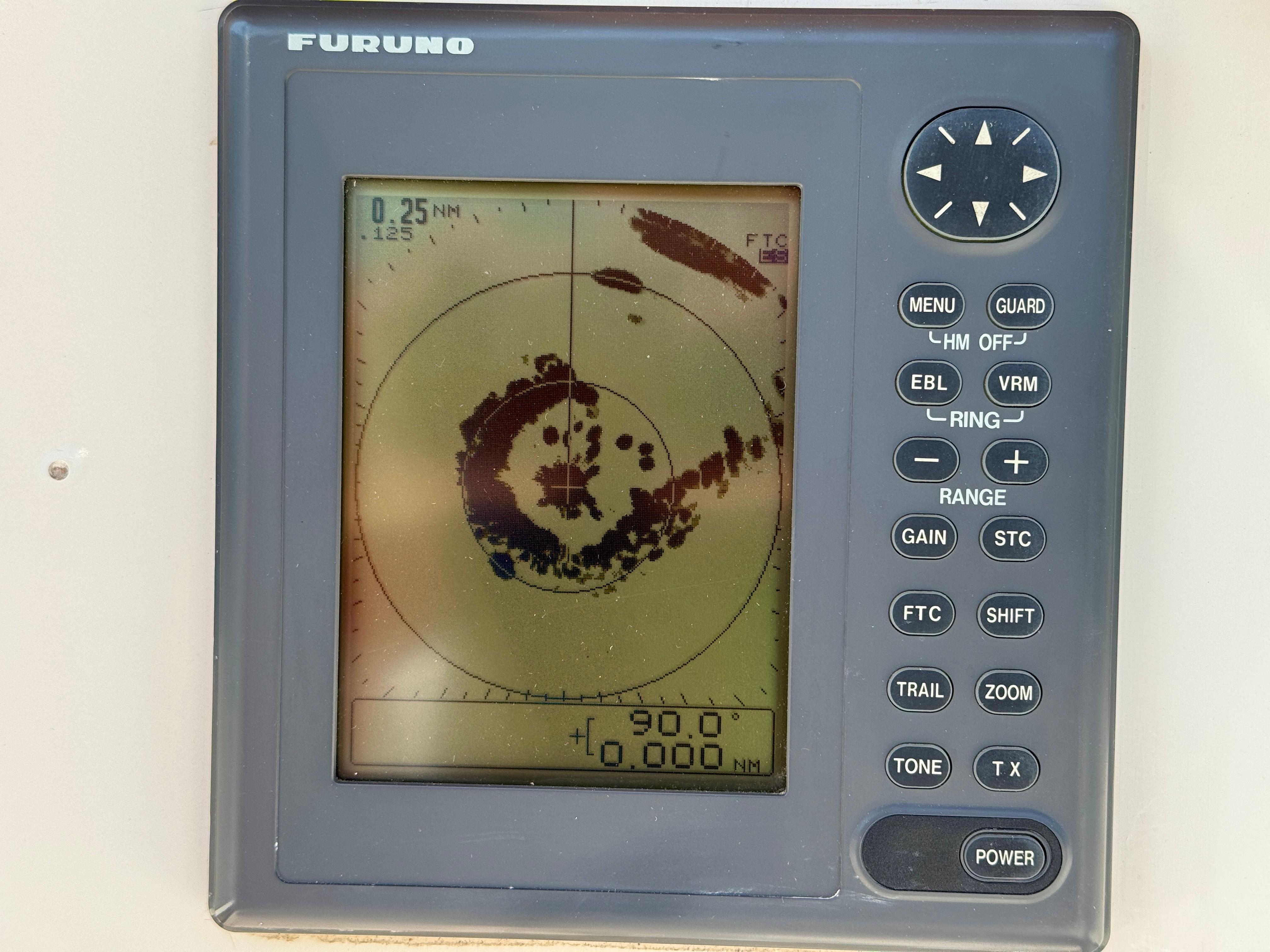 Furuno radar display on 1989 Nonsuch 30 Ultra sailboat, showing navigation data.
