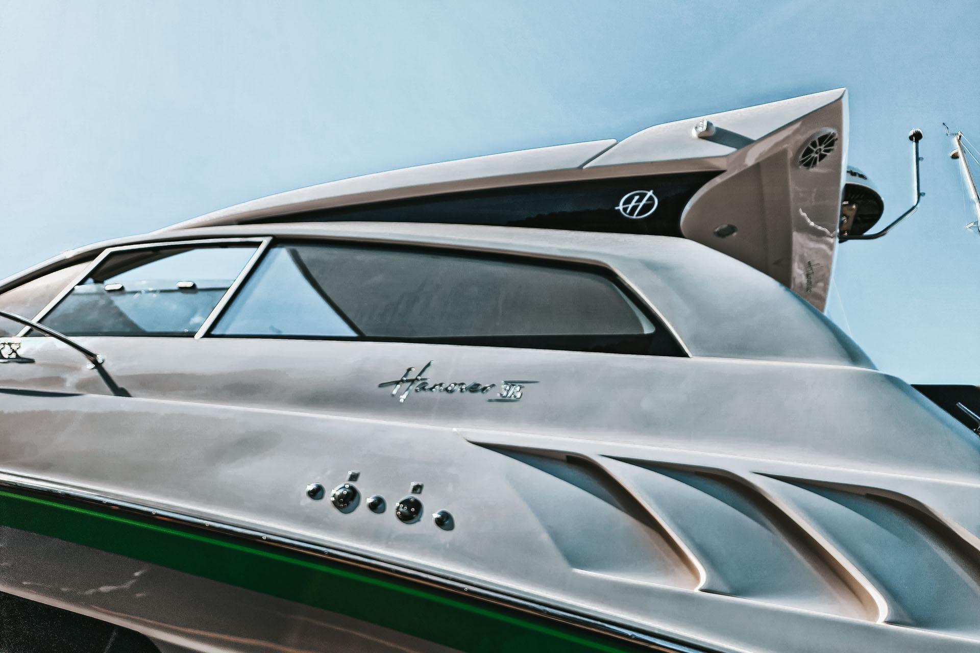 Luxury Hanover 375 yacht, 2026 model, sleek design under clear blue sky.