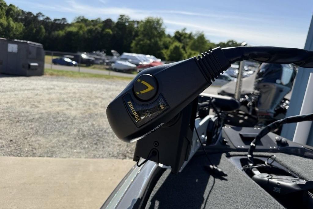 Close-up of a 2026 Skeeter ZX150 boat's trolling motor in a sunny outdoor setting.