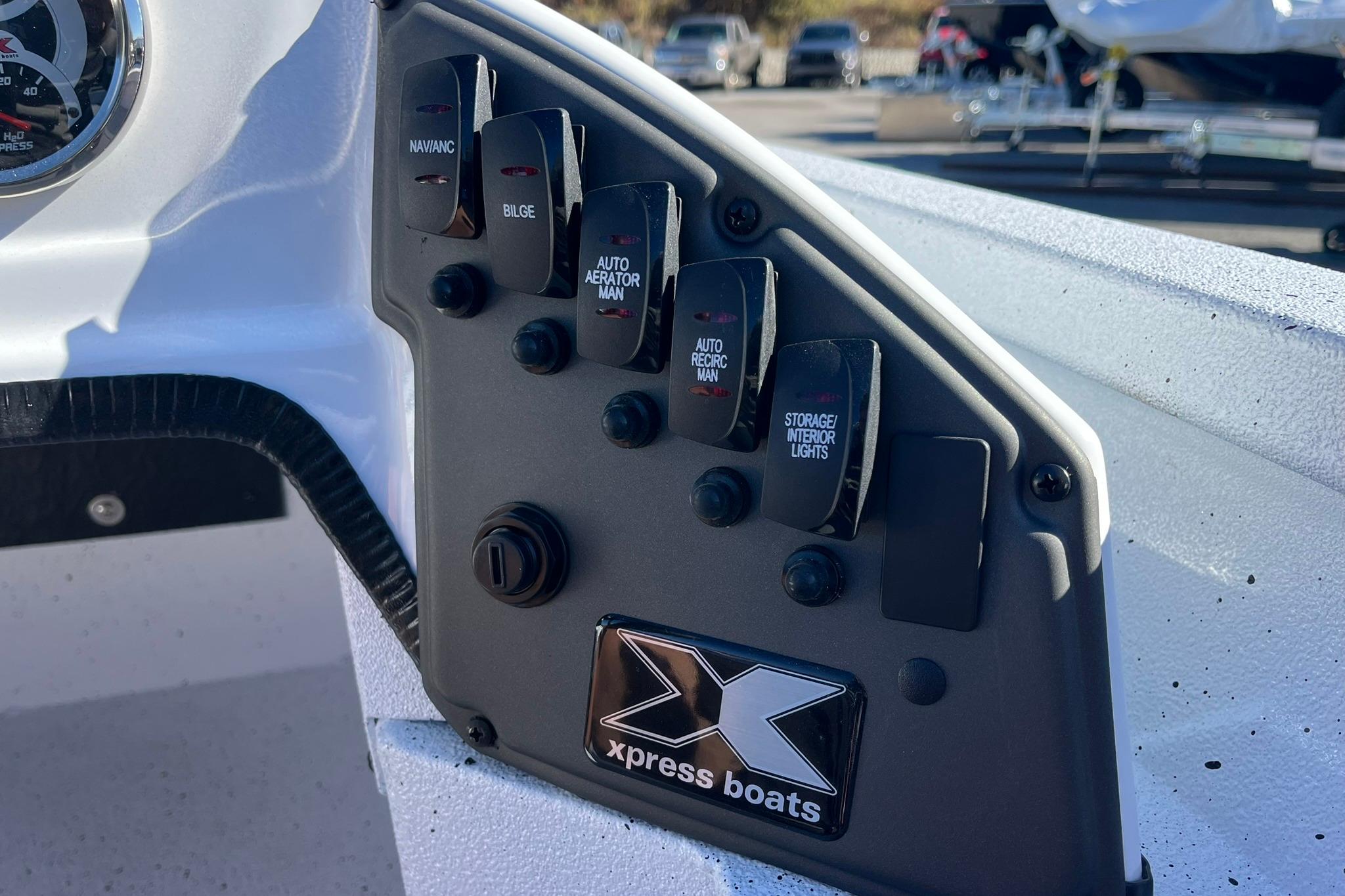 Control panel of 2026 Express H18C Crappie boat with Yamaha Vmax 115 SHO engine.