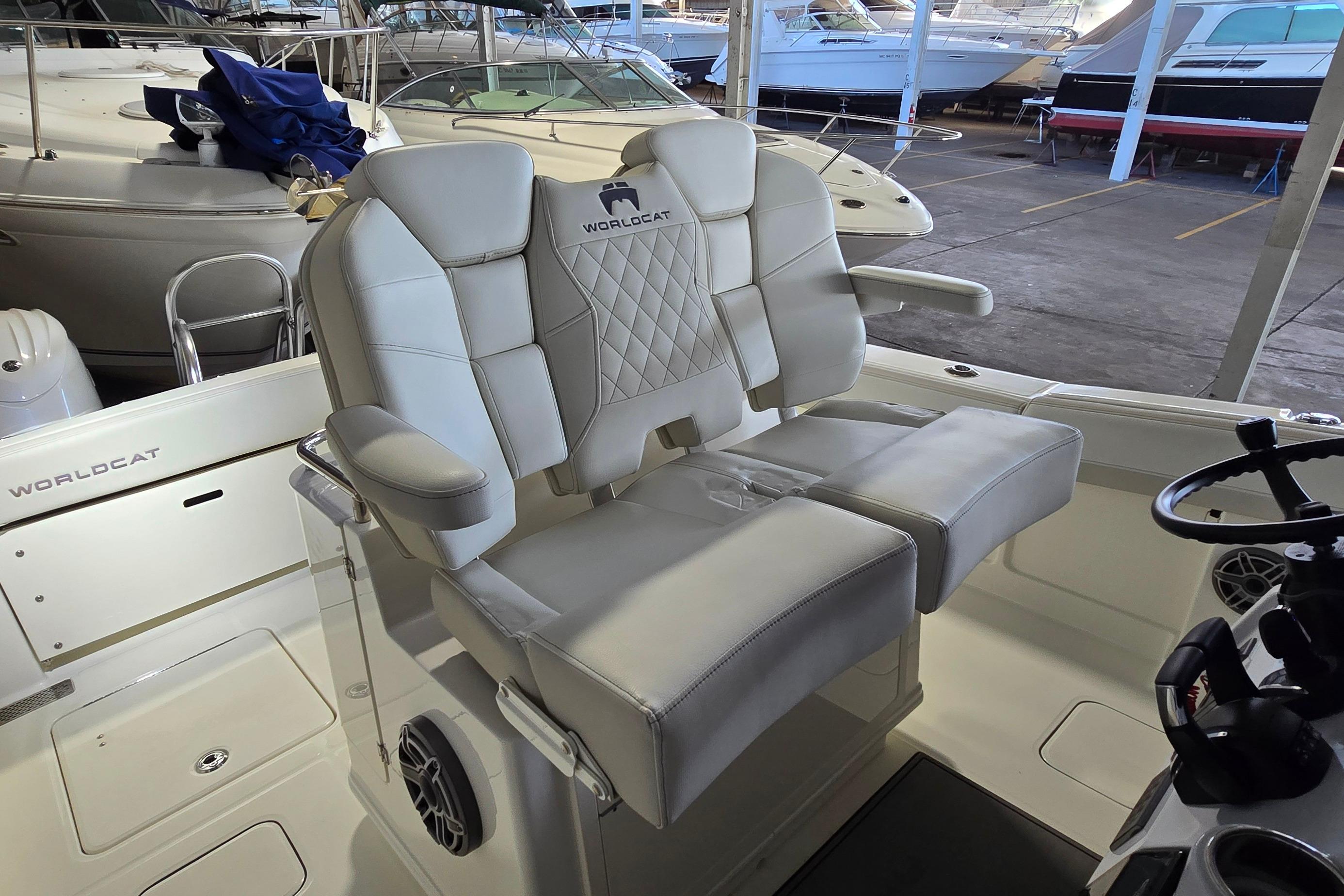 2024 WorldCat 280 CC-X boat interior with luxurious seating and modern design.