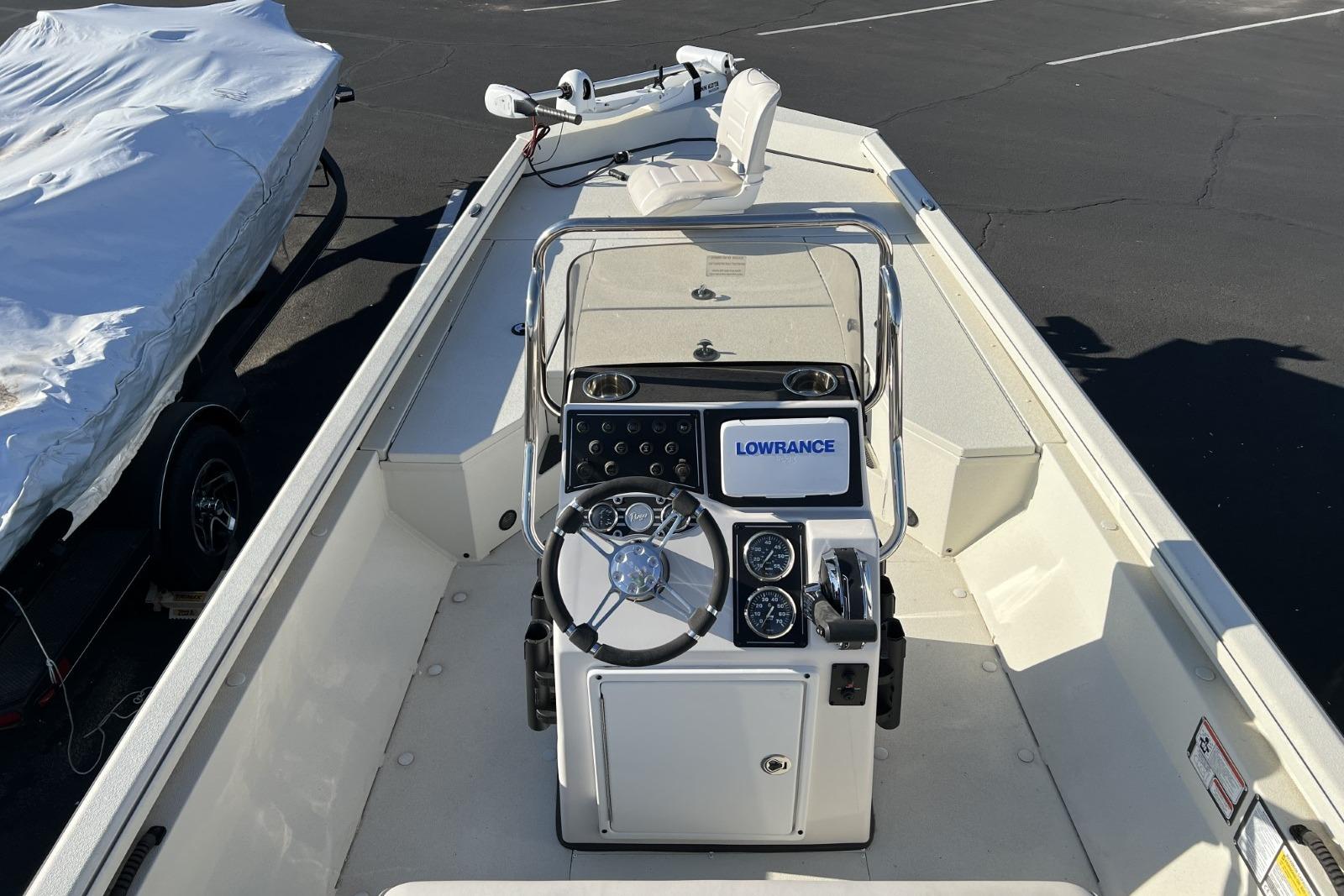 2024 Ranger RB200 boat with steering console and Lowrance navigation system.