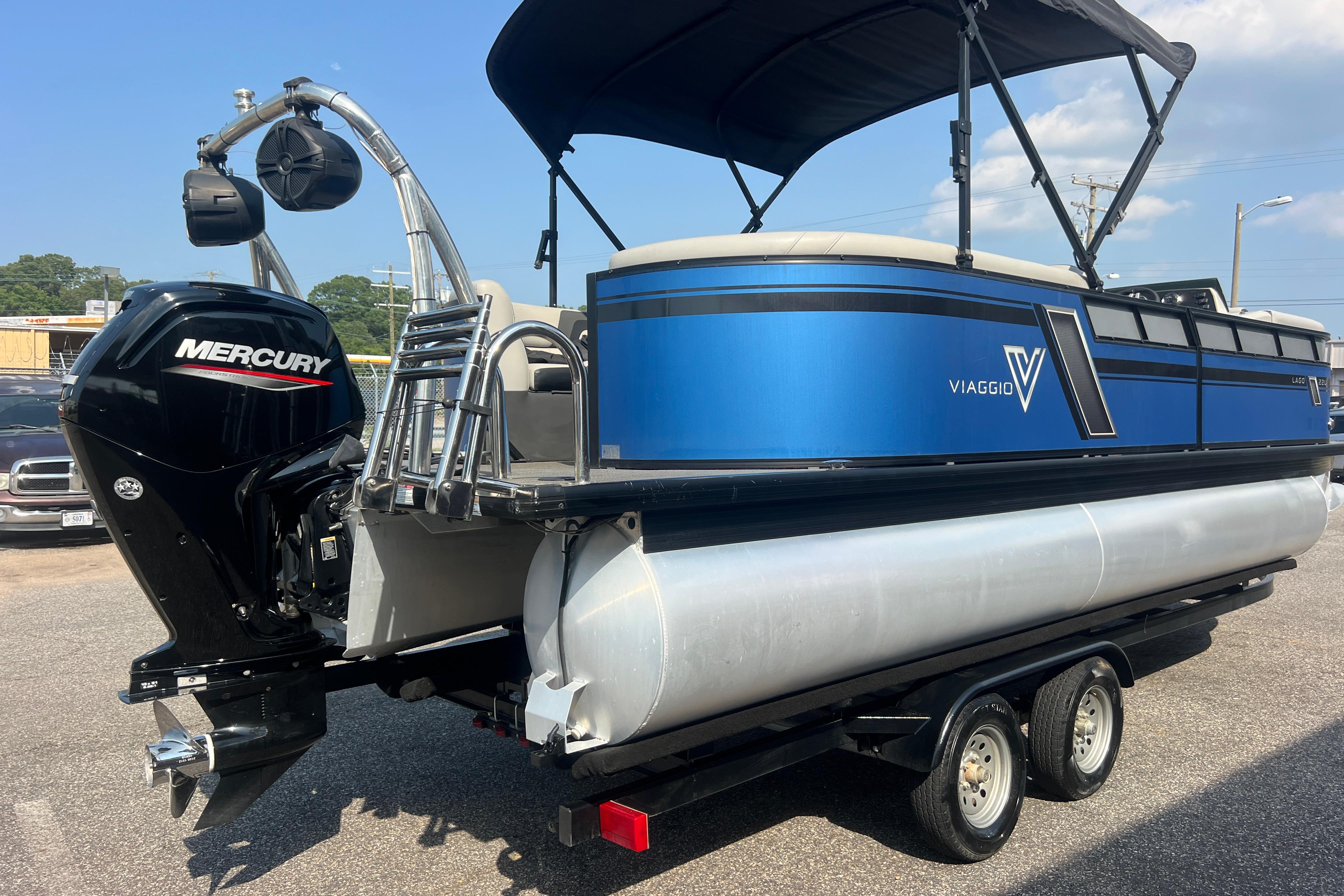 2022 Viaggio Lago V-U 22 pontoon boat with Mercury engine on trailer.