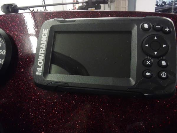 Lowrance fish finder on 2025 Ranger VS1665 SC boat dashboard.