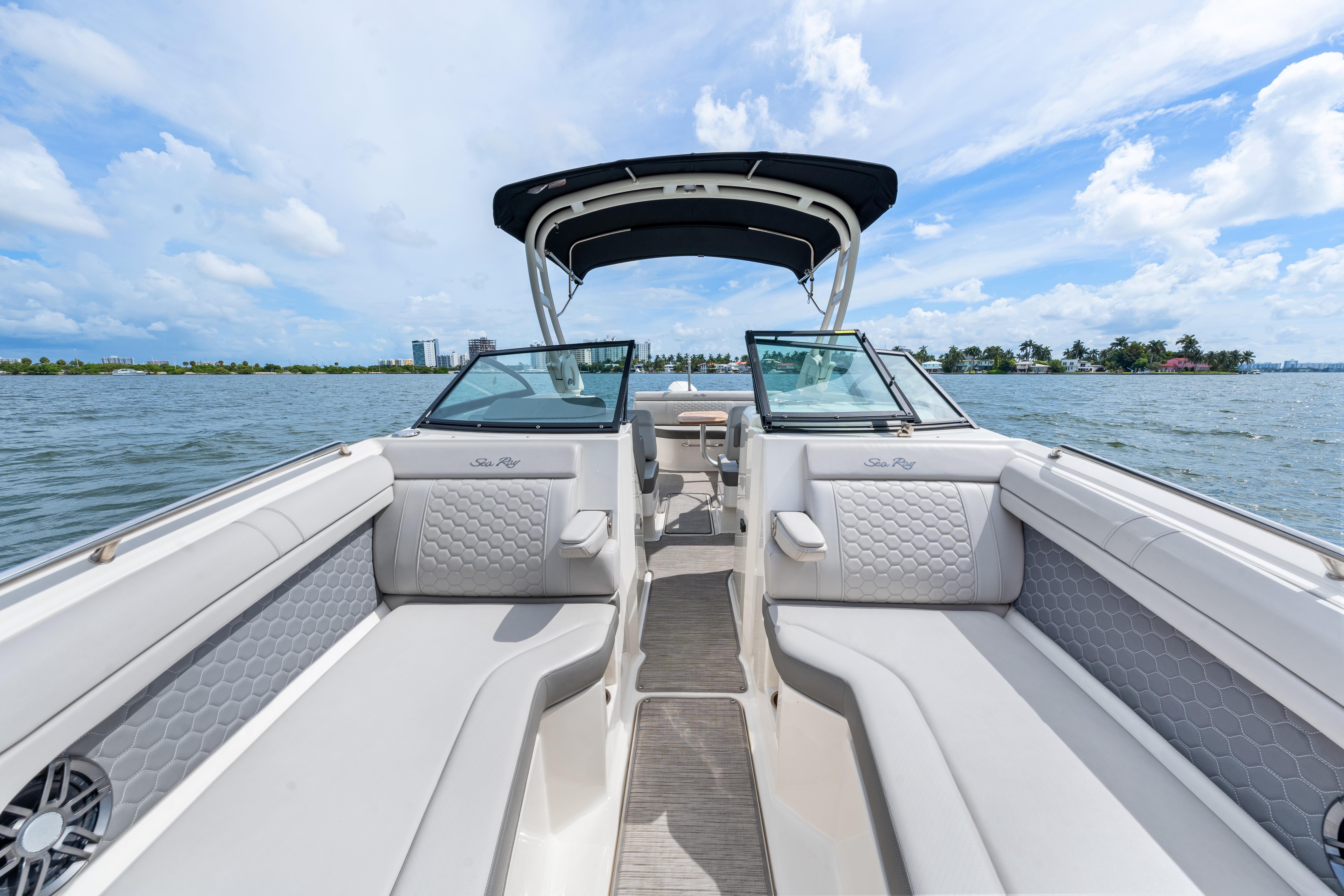2023 Sea Ray SDX 270 Outboard boat interior on a sunny day.